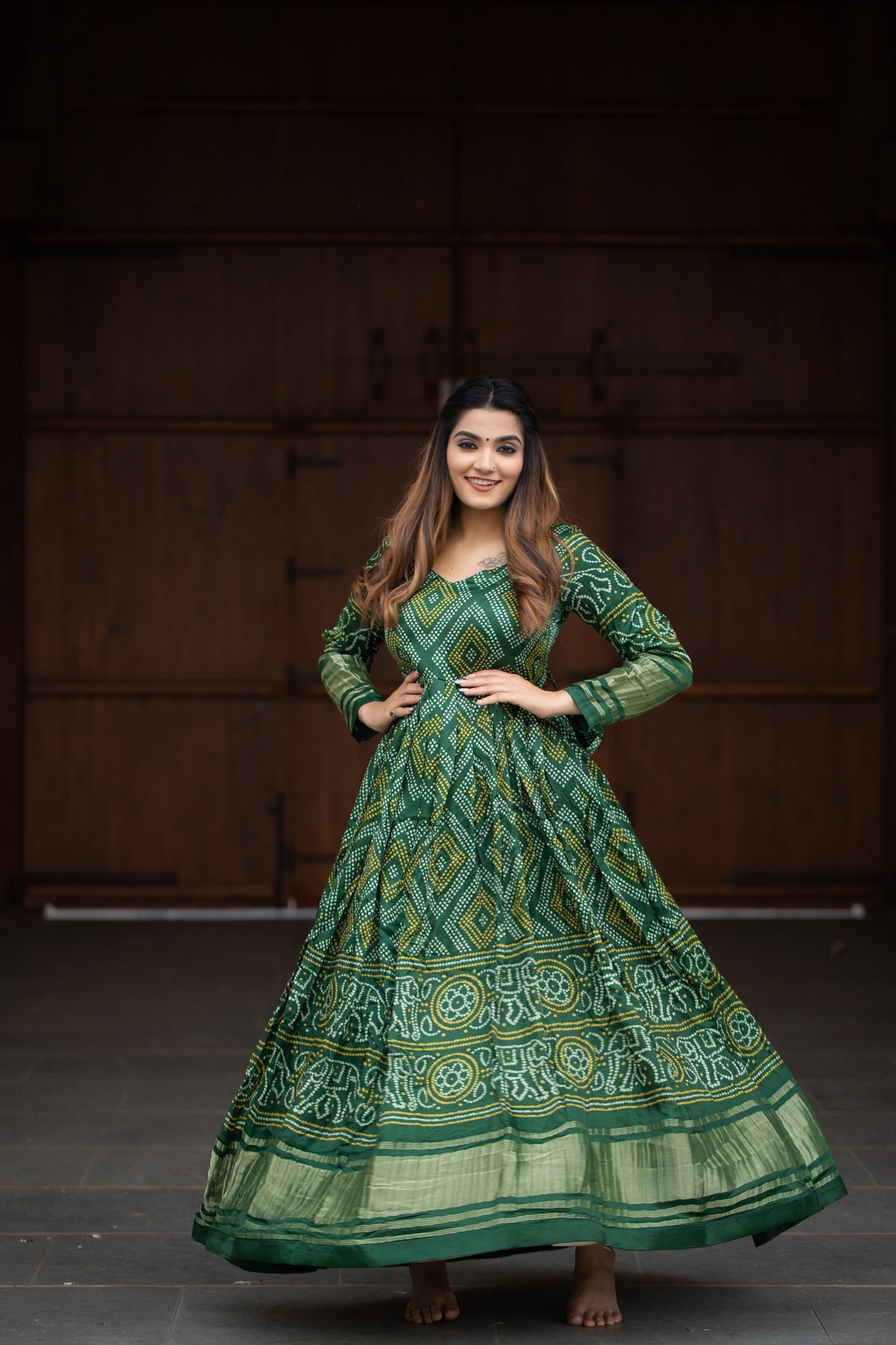 Exclusive Green Gaji Silk Bandhej Printed Ready-to-Wear Anarkali Gown