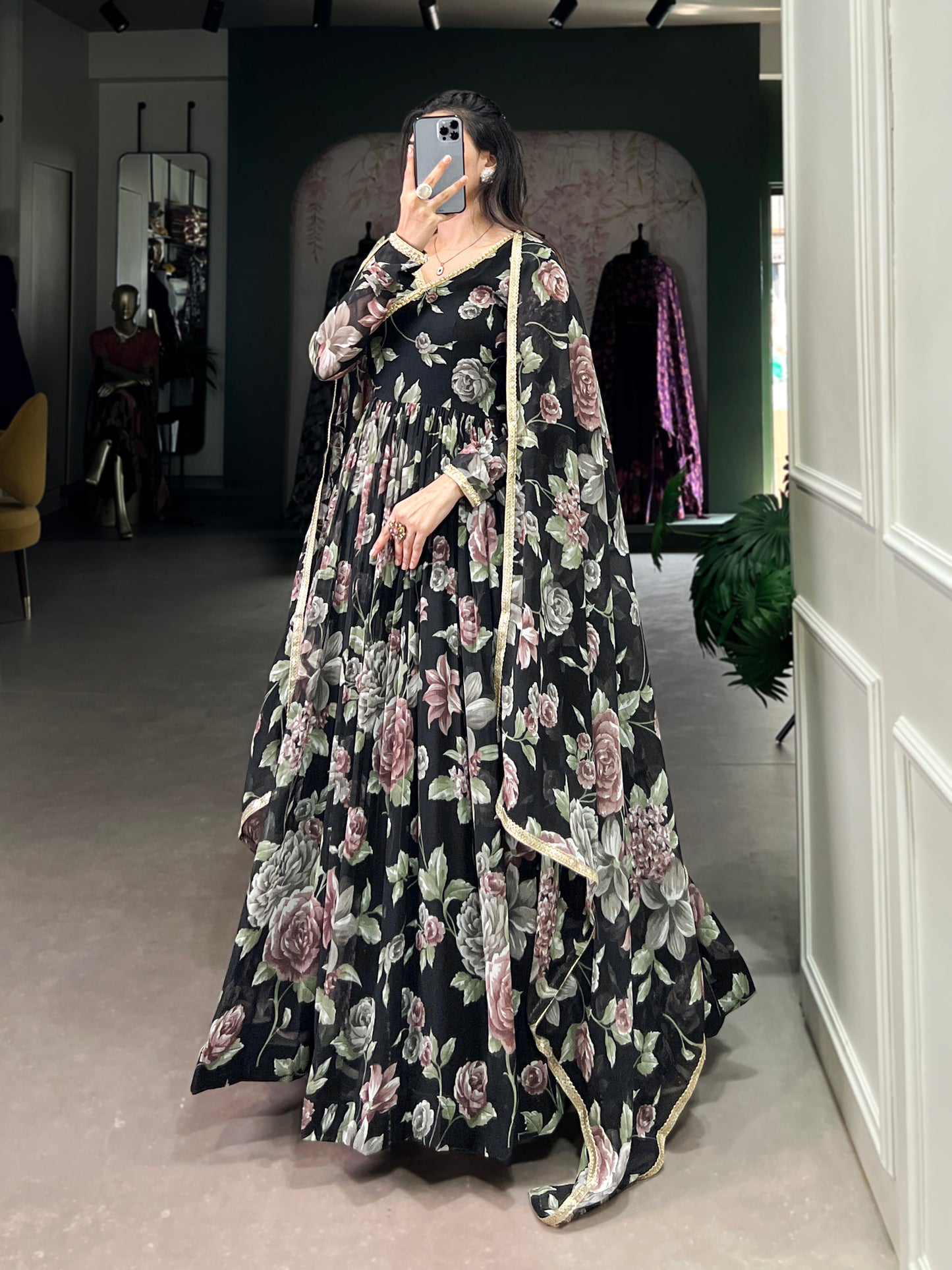 Latest Black Floral Printed Georgette Flared Anarkali Gown Suit