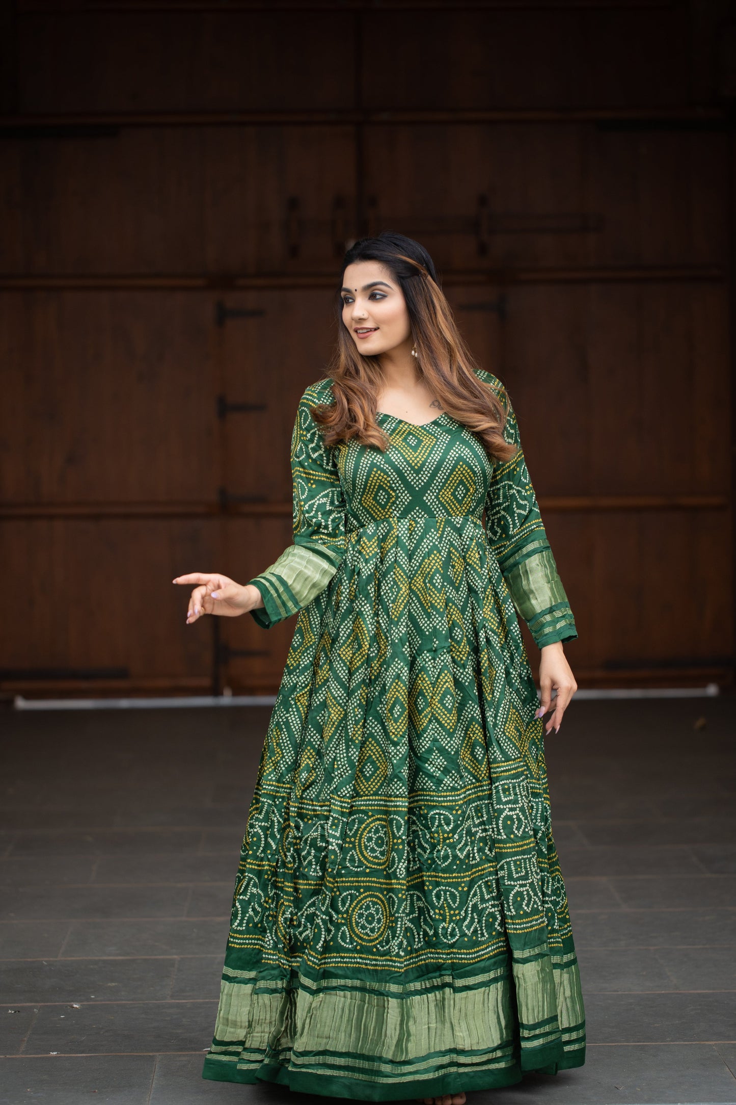 Exclusive Green Gaji Silk Bandhej Printed Ready-to-Wear Anarkali Gown
