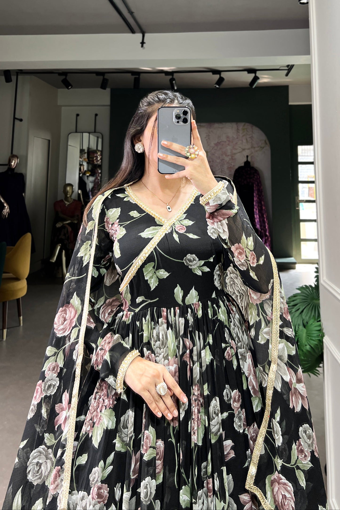 Latest Black Floral Printed Georgette Flared Anarkali Gown Suit