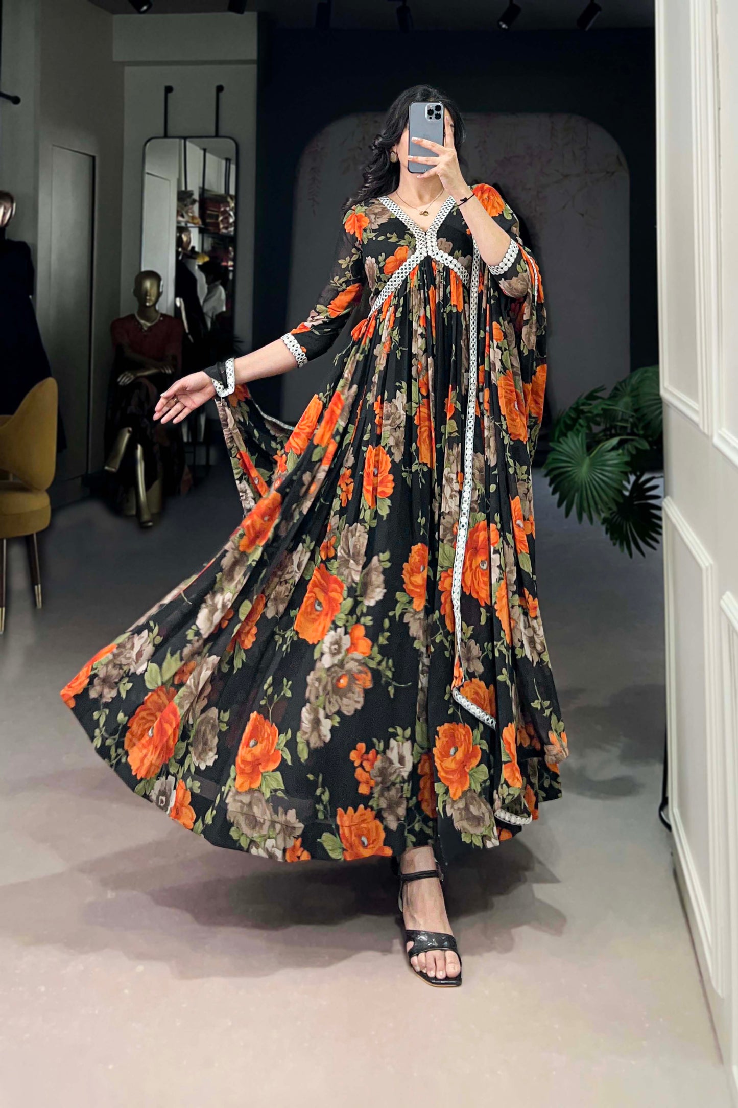 Wedding Special Black Floral Georgette Anarkali Gown Suit