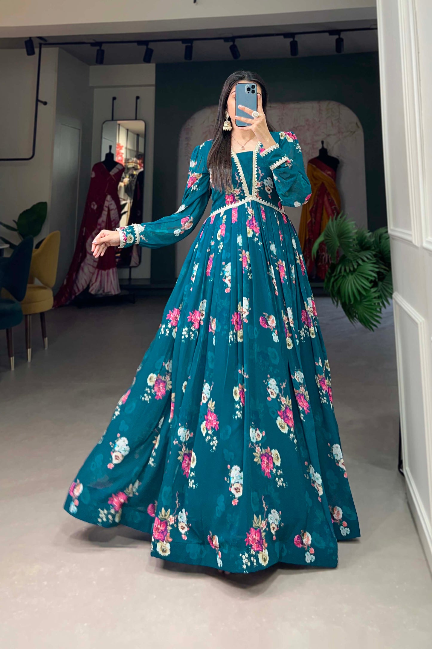 Teal Blue Georgette Floral Printed Anarkali Gown for Reception Wear