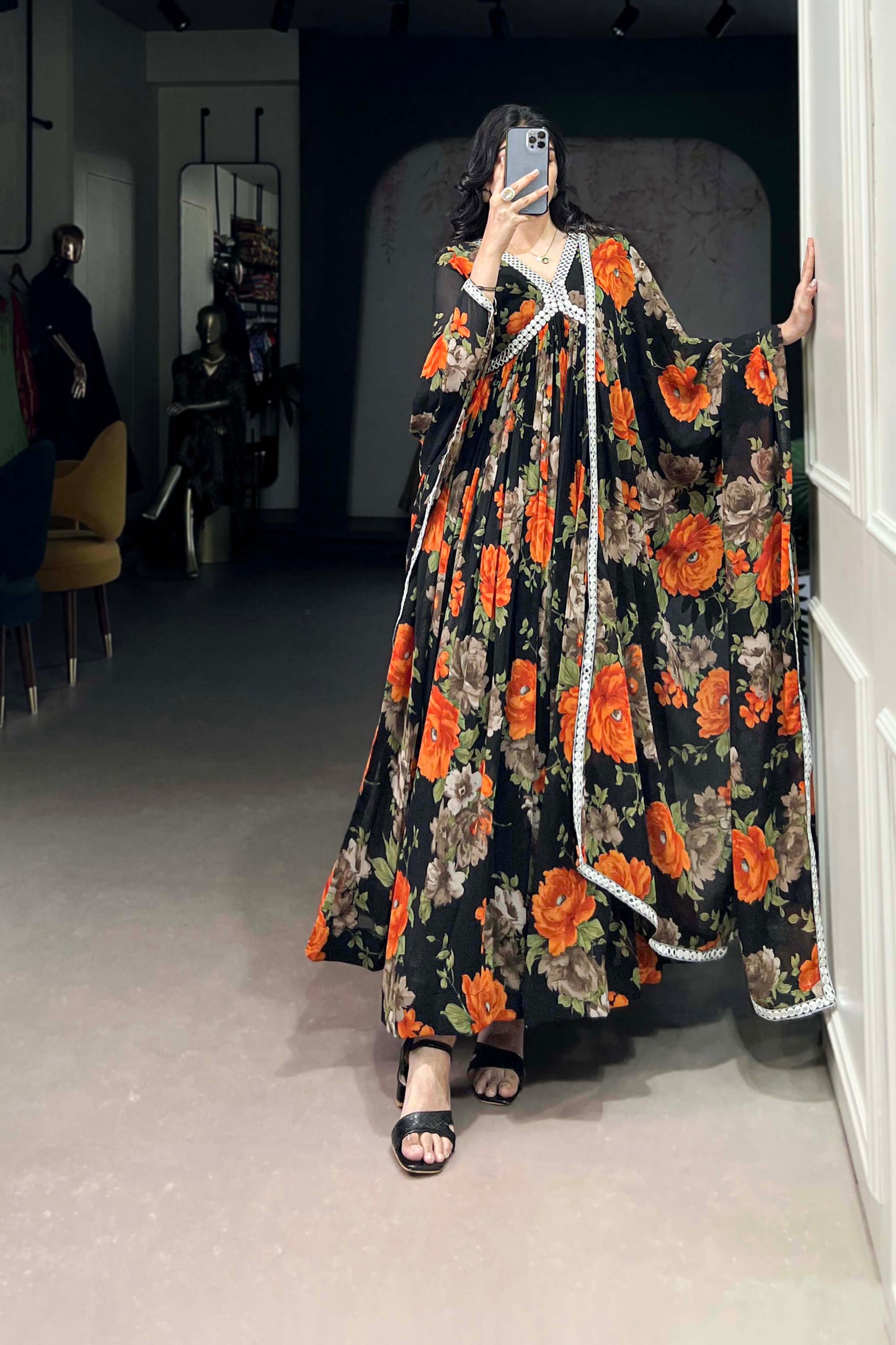 Wedding Special Black Floral Georgette Anarkali Gown Suit