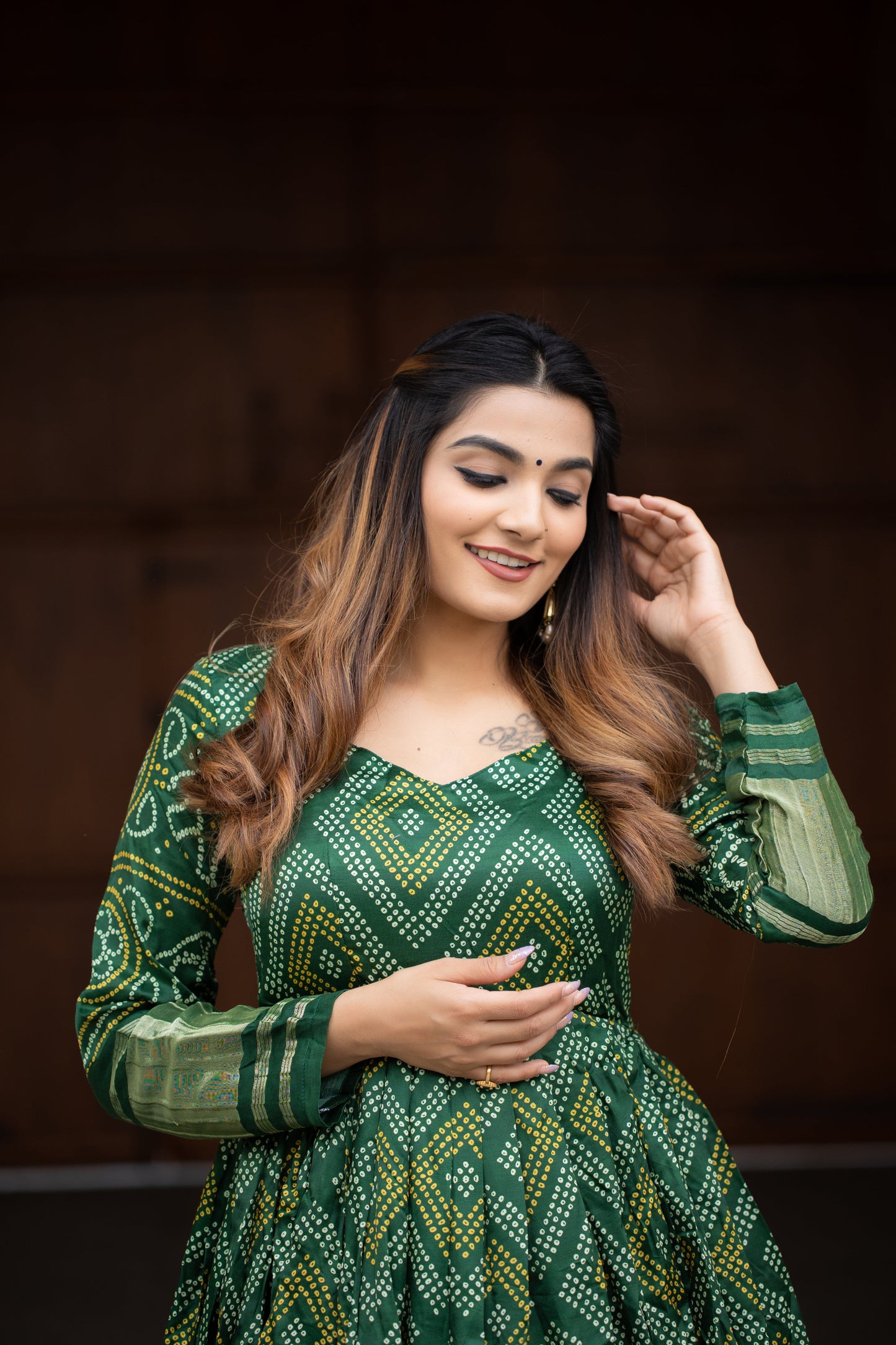 Exclusive Green Gaji Silk Bandhej Printed Ready-to-Wear Anarkali Gown