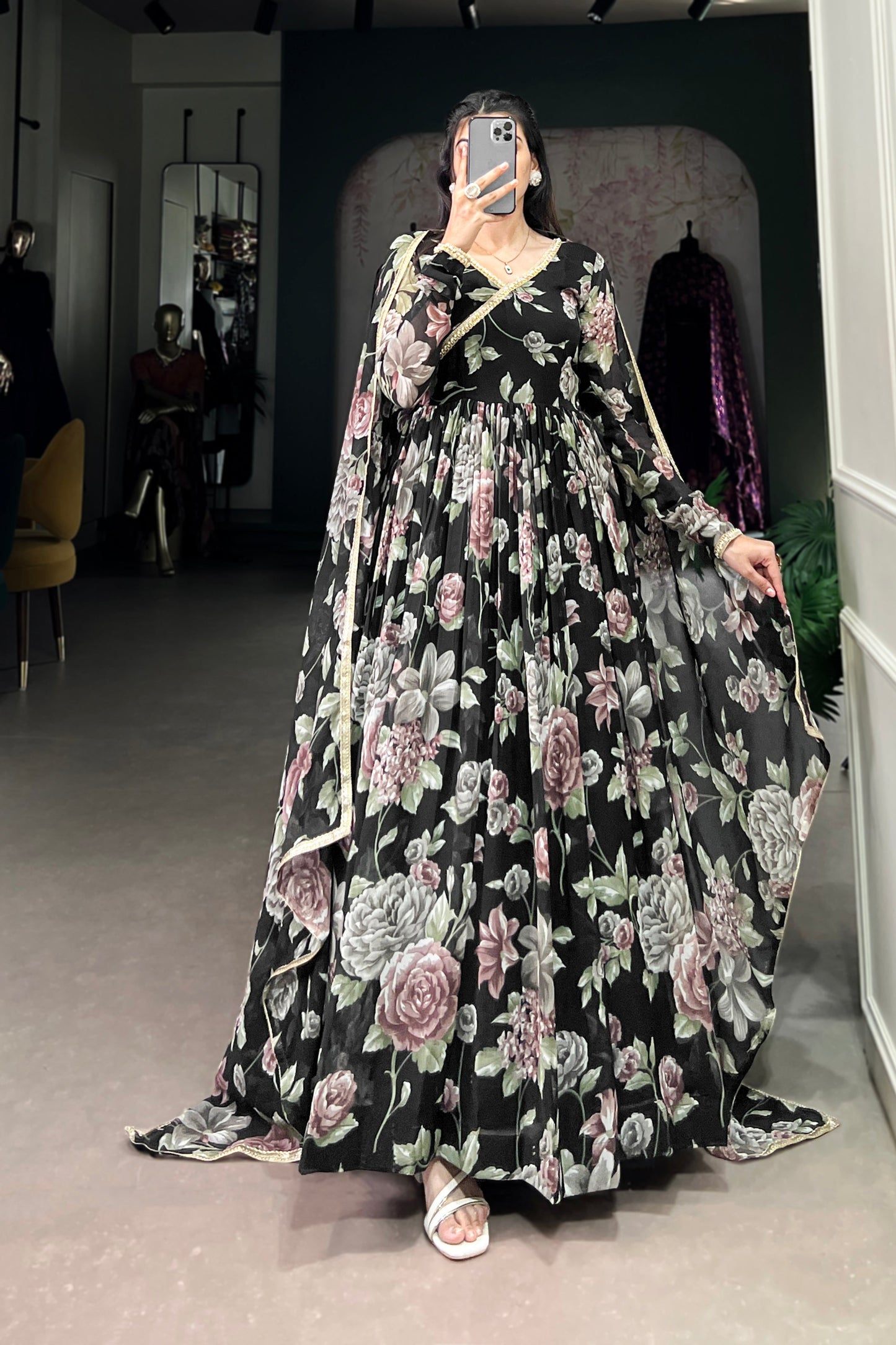Latest Black Floral Printed Georgette Flared Anarkali Gown Suit