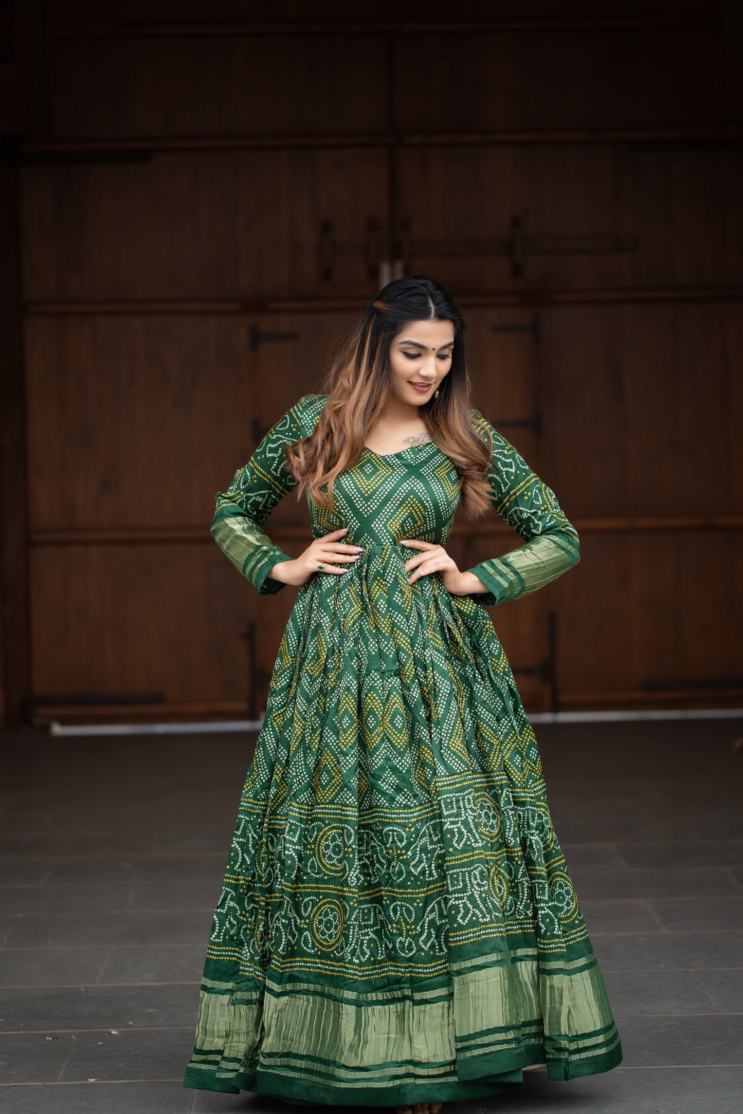 Exclusive Green Gaji Silk Bandhej Printed Ready-to-Wear Anarkali Gown