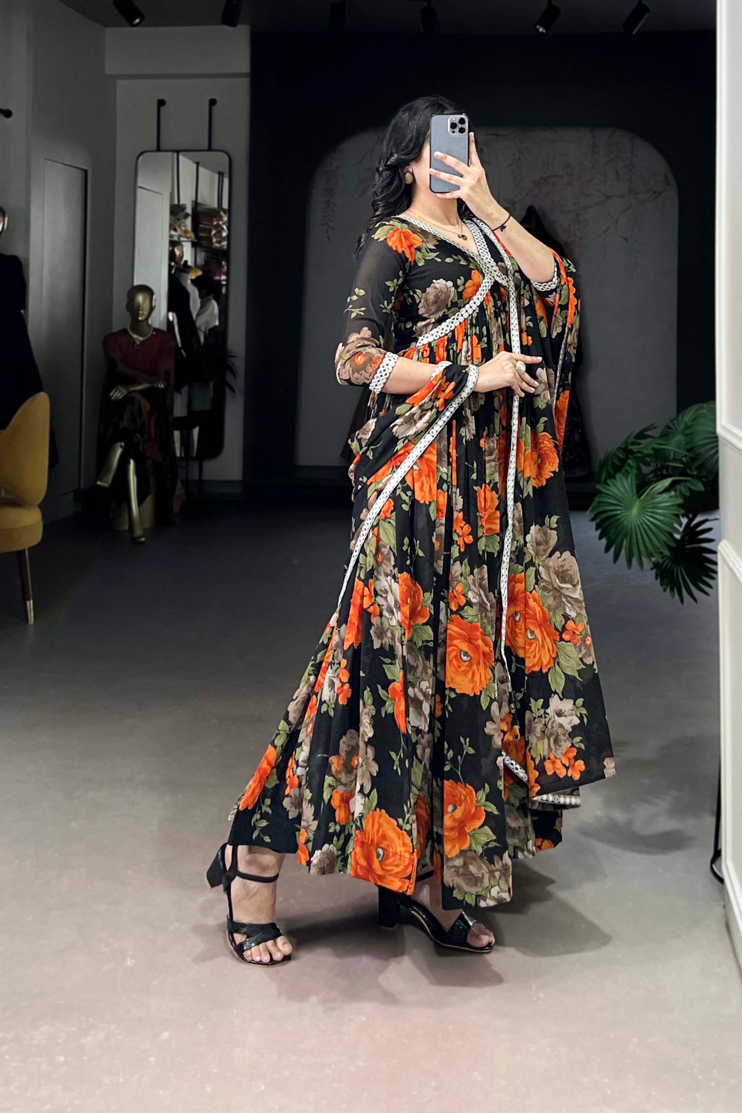 Wedding Special Black Floral Georgette Anarkali Gown Suit