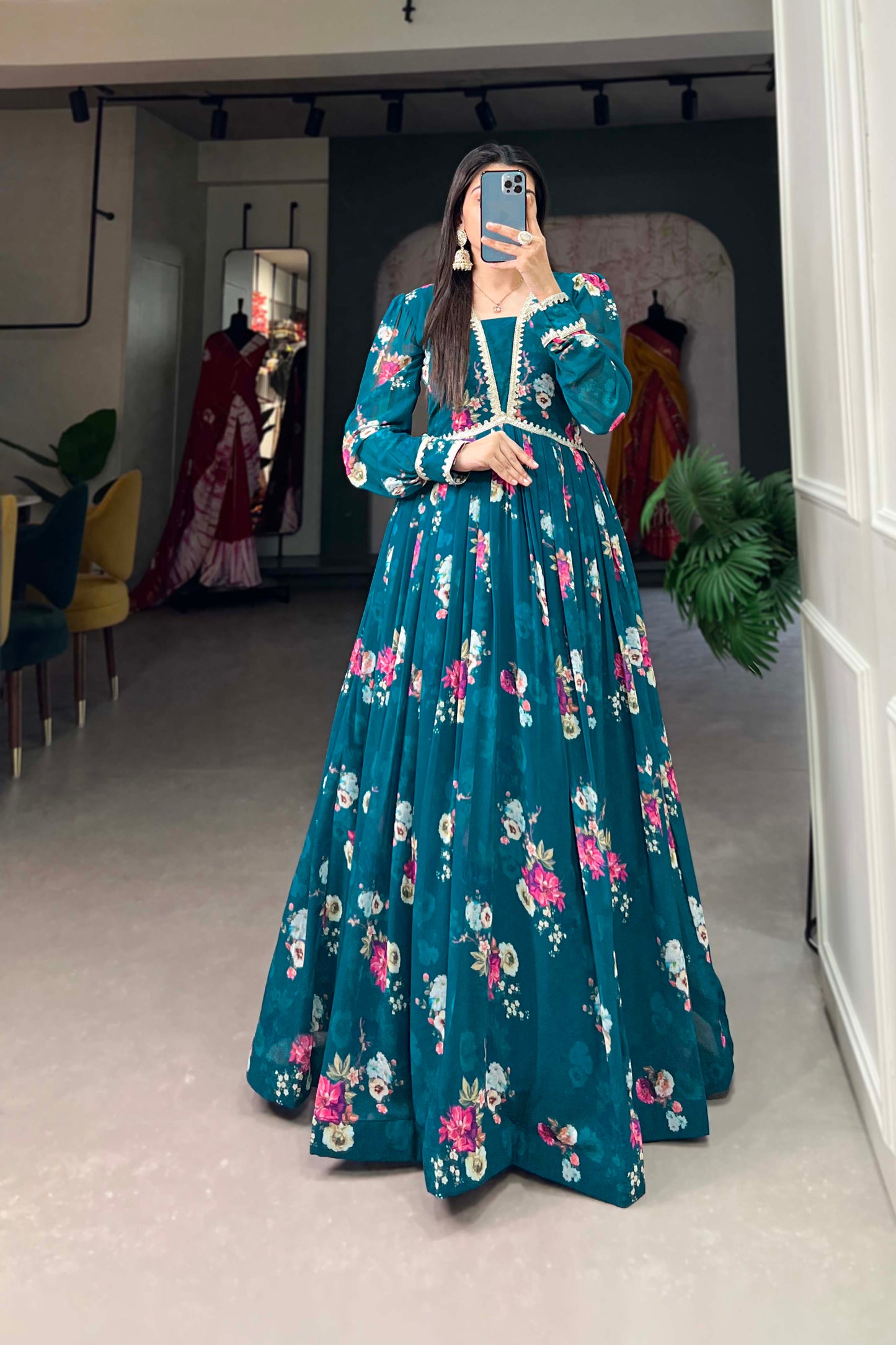 Teal Blue Georgette Floral Printed Anarkali Gown for Reception Wear
