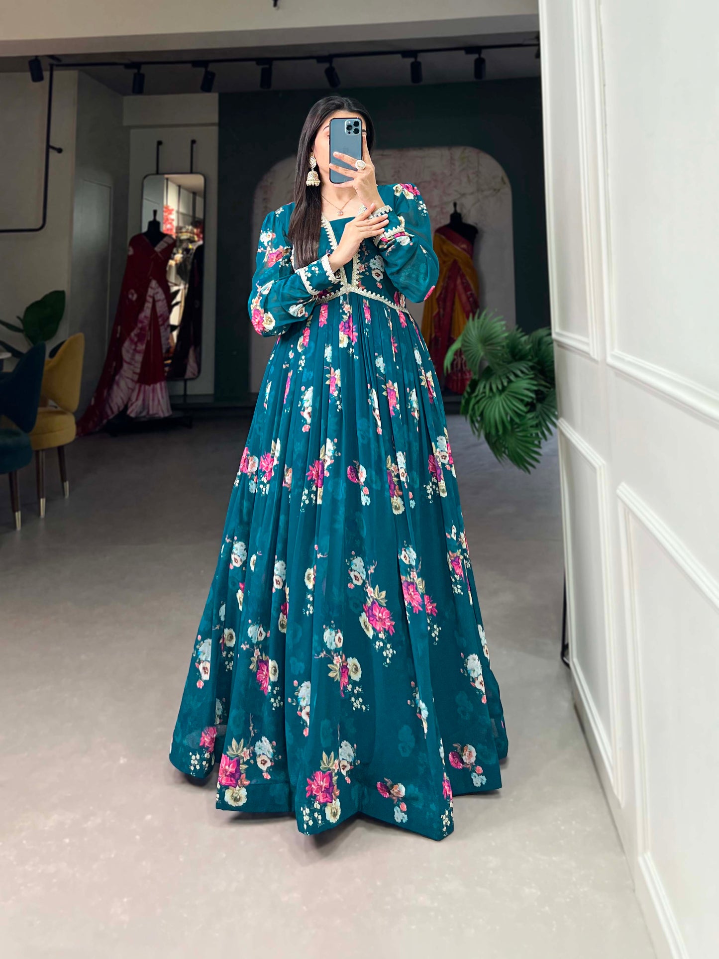 Teal Blue Georgette Floral Printed Anarkali Gown for Reception Wear