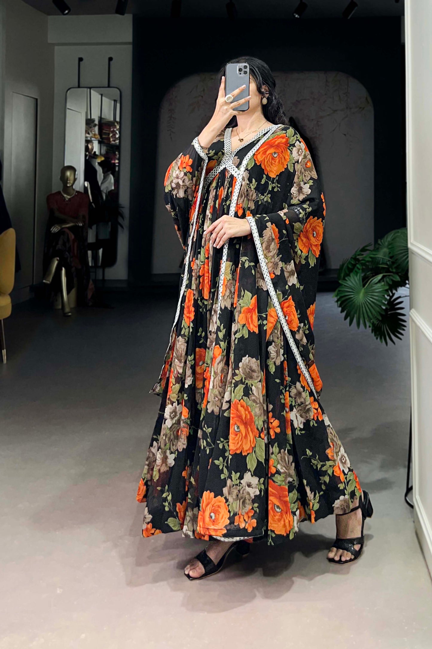 Wedding Special Black Floral Georgette Anarkali Gown Suit