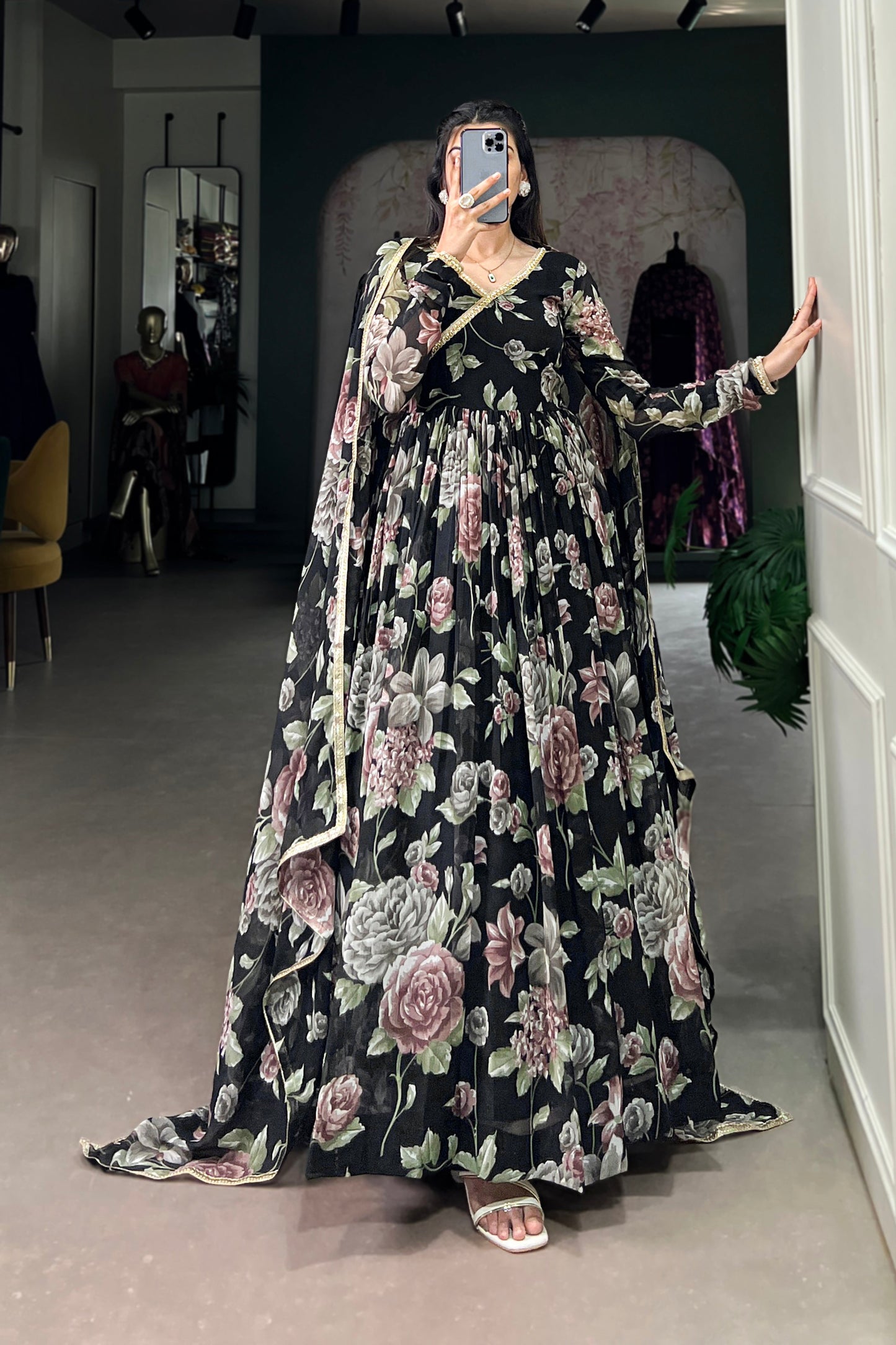 Latest Black Floral Printed Georgette Flared Anarkali Gown Suit