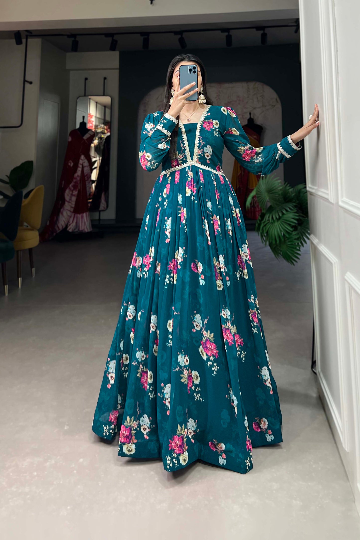 Teal Blue Georgette Floral Printed Anarkali Gown for Reception Wear