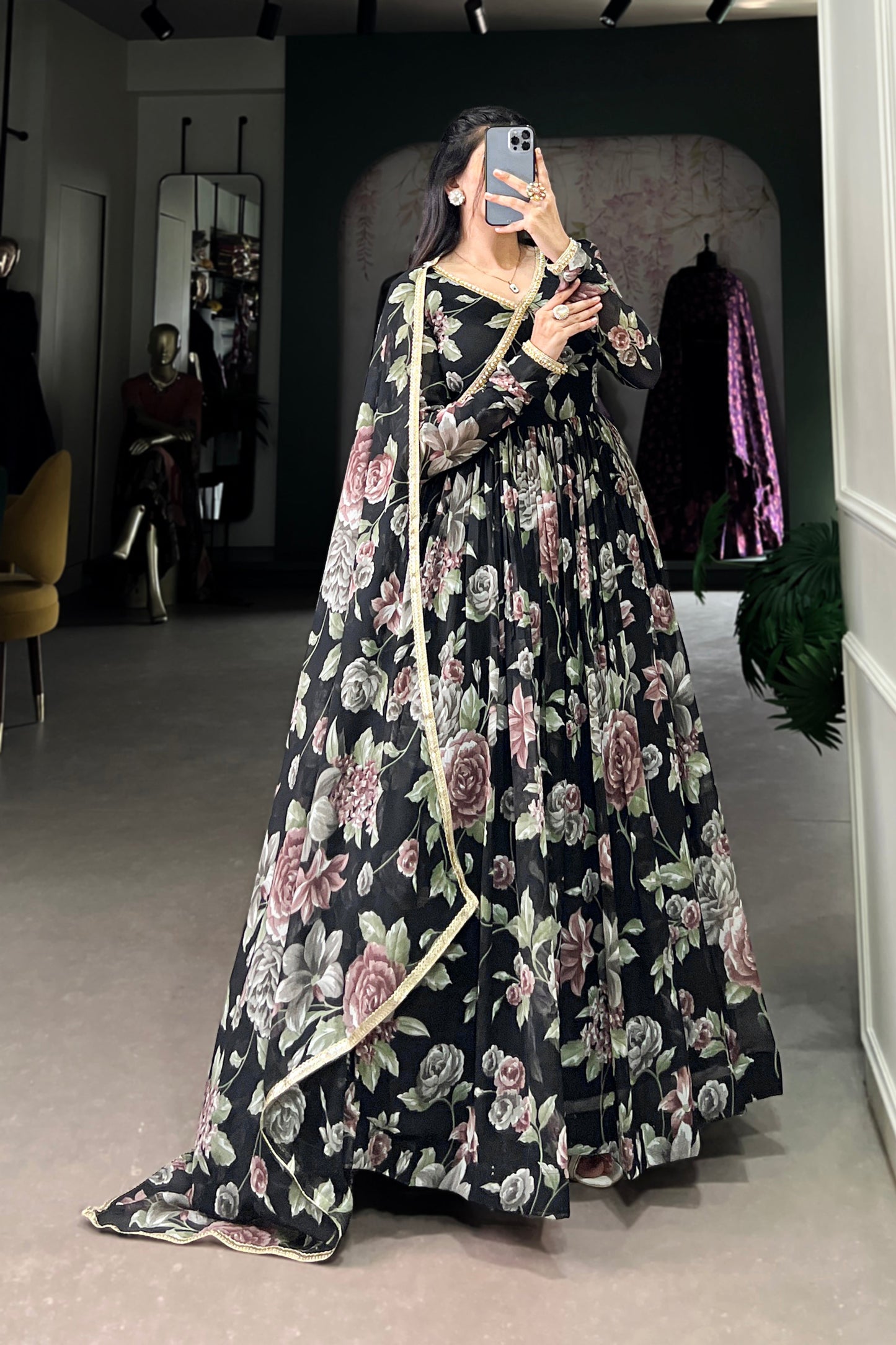 Latest Black Floral Printed Georgette Flared Anarkali Gown Suit