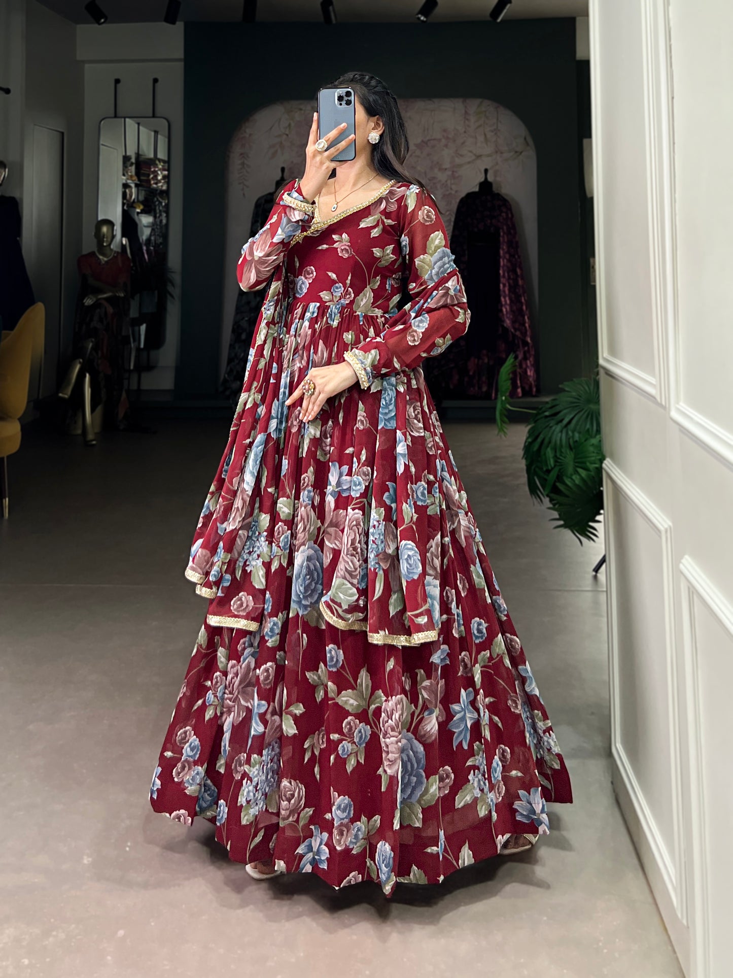Newest Red Georgette Floral Printed Anarkali Gown for Reception Party