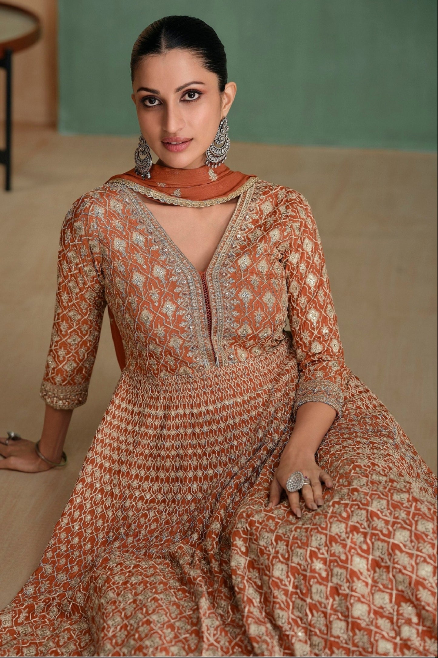 Adorable Light Orange Georgette & Chinon Silk Anarkali Gown for Party