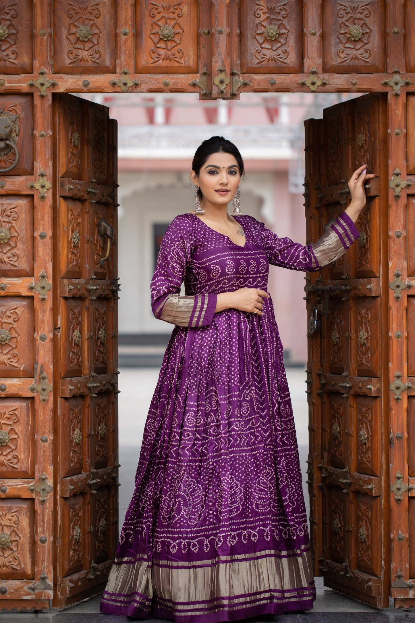 Eid Special Designer Purple Bandhej Printed Traditional Anarkali Gown