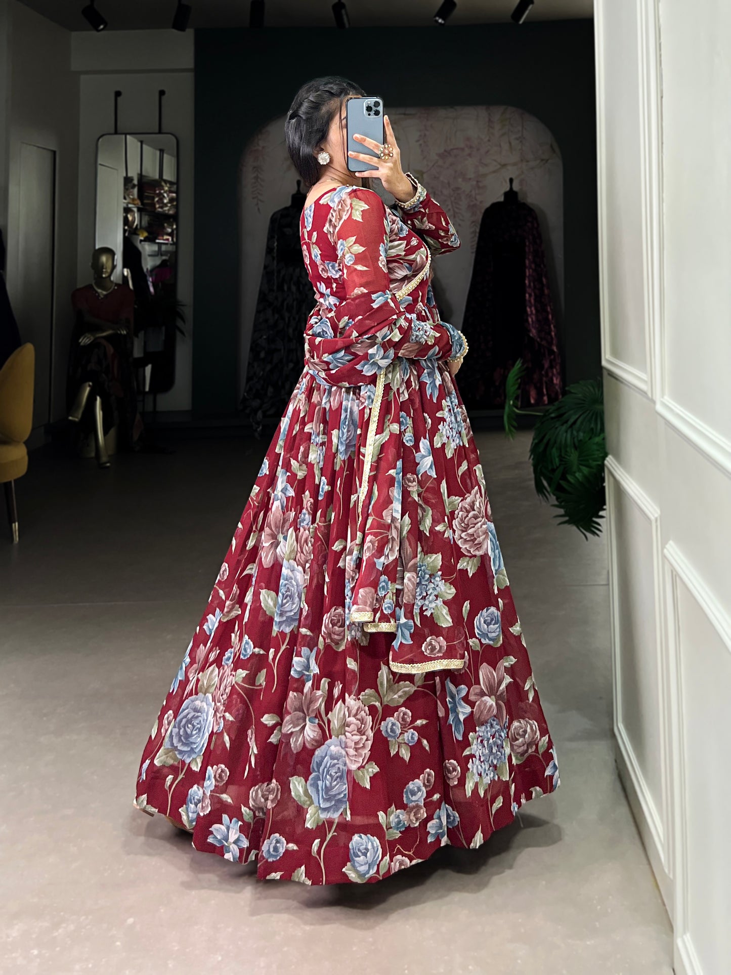 Newest Red Georgette Floral Printed Anarkali Gown for Reception Party