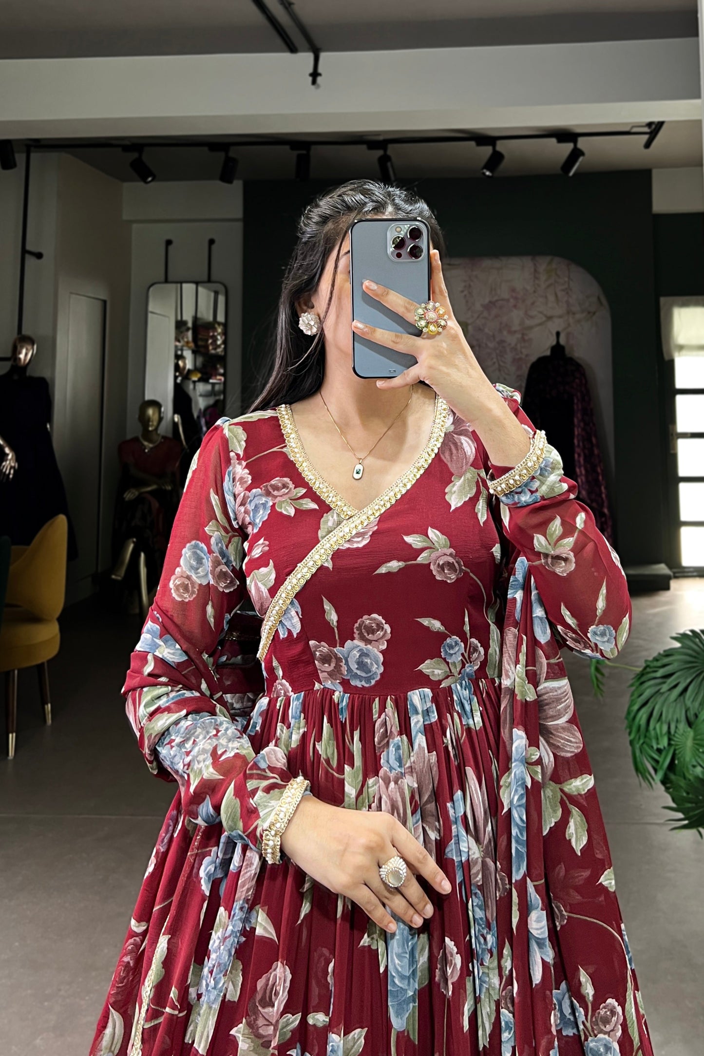 Newest Red Georgette Floral Printed Anarkali Gown for Reception Party