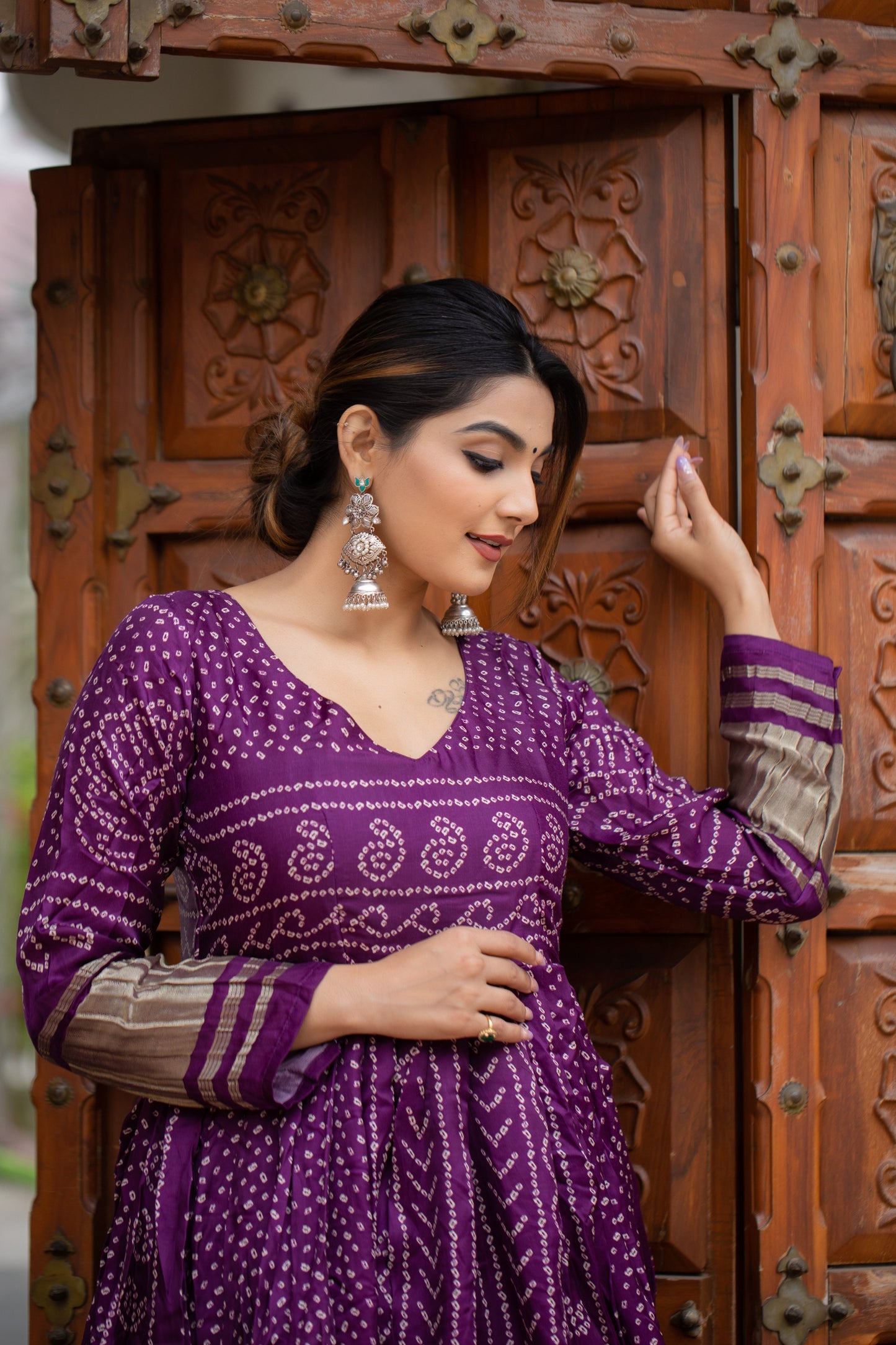 Eid Special Designer Purple Bandhej Printed Traditional Anarkali Gown