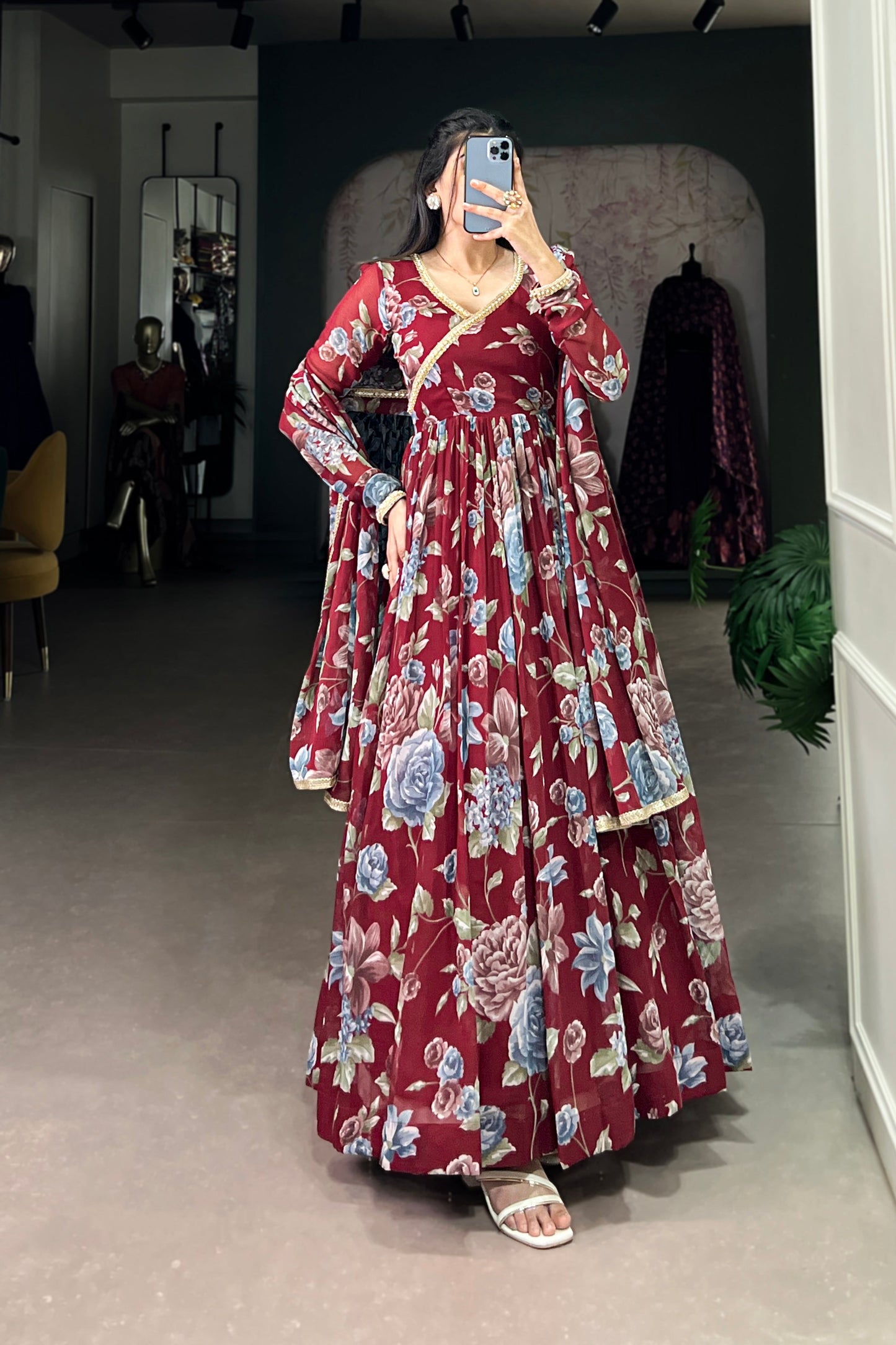Newest Red Georgette Floral Printed Anarkali Gown for Reception Party