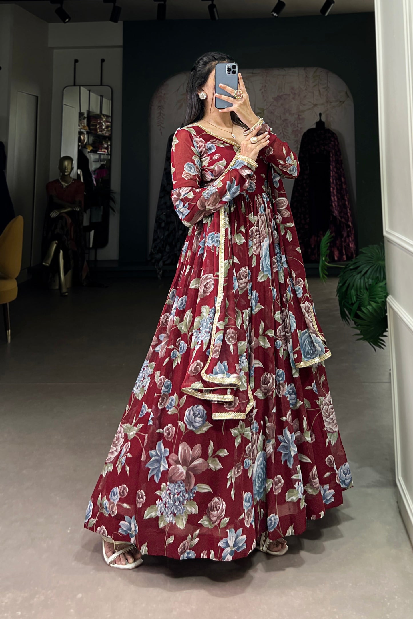 Newest Red Georgette Floral Printed Anarkali Gown for Reception Party