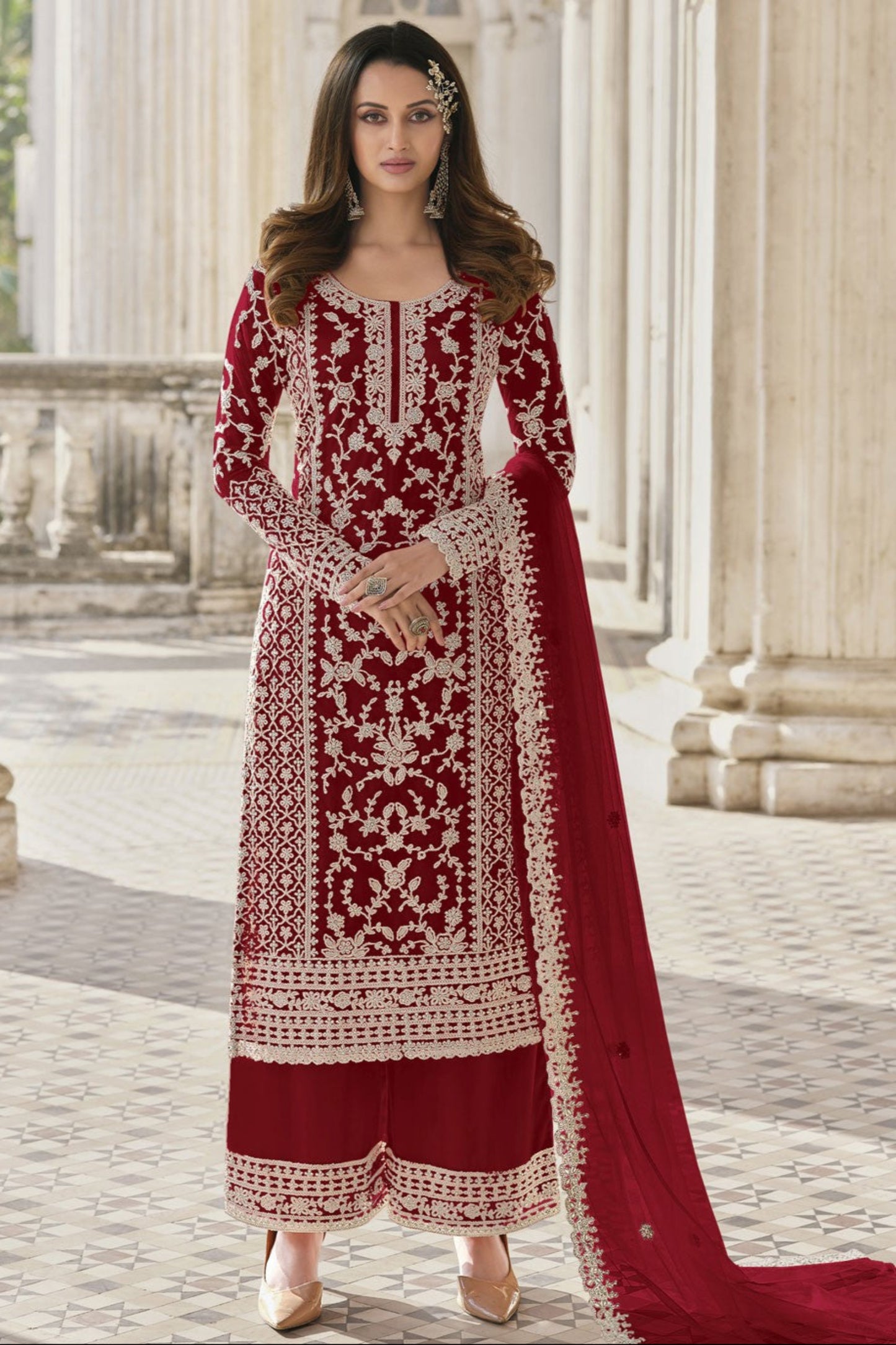 Dark red wedding reception salwar kameez with net dupatta
