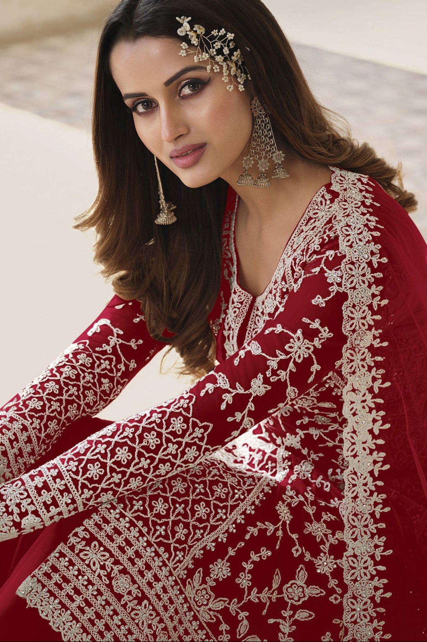 Dark red wedding reception salwar kameez with net dupatta