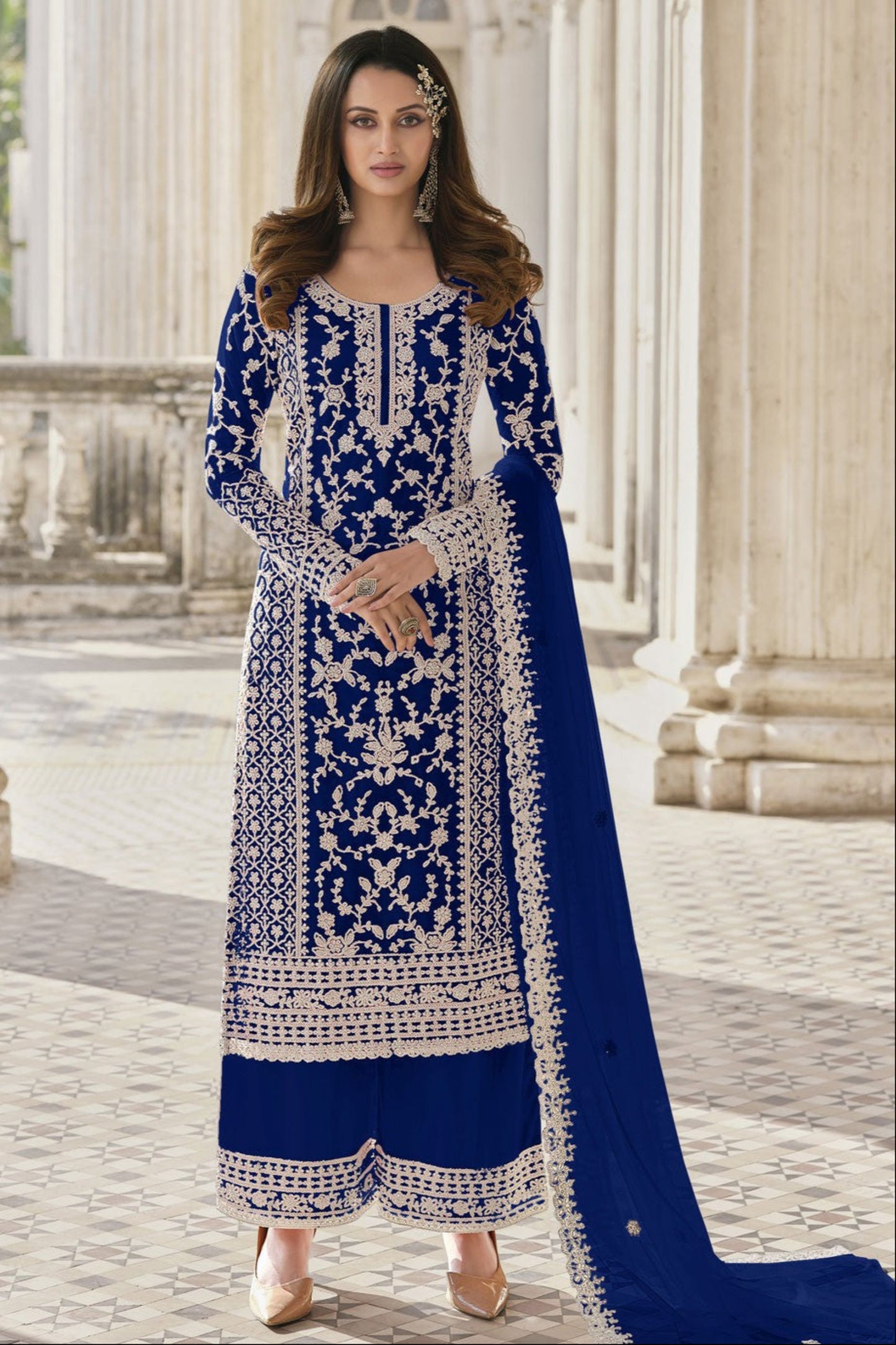 Blue Embroidered Designer Salwar Kameez with Net Dupatta New Style