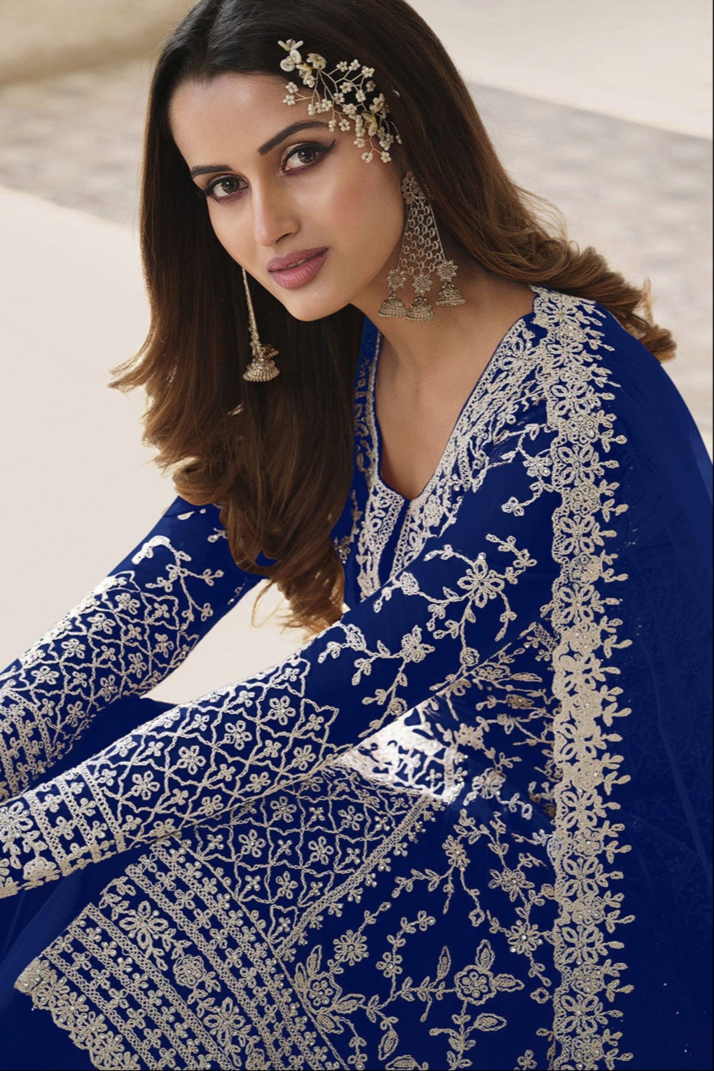 Blue Embroidered Designer Salwar Kameez with Net Dupatta New Style