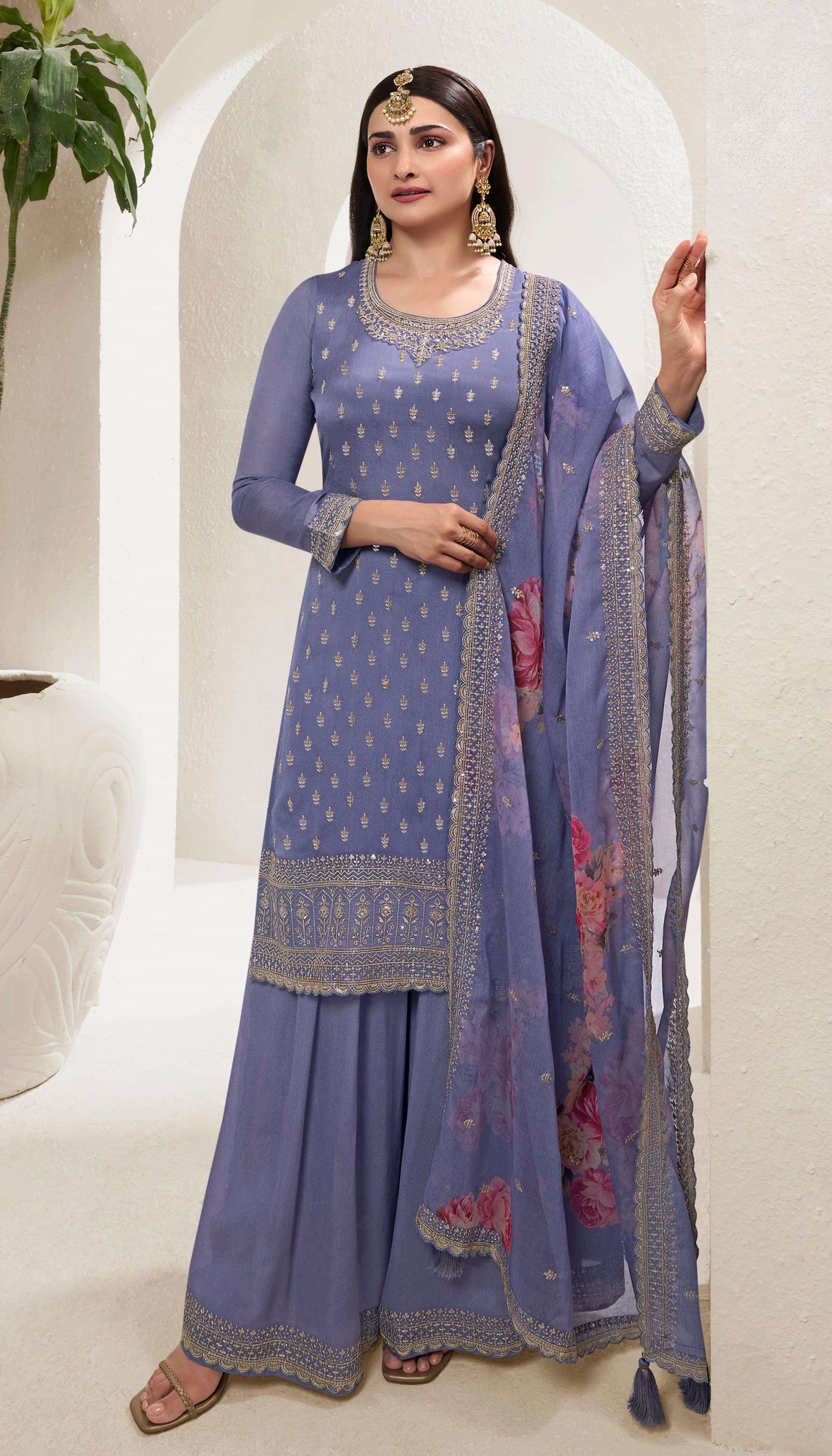 Embroidery Work & Print Work Chinon Silk Palazzo Suit For Party-Wedding
