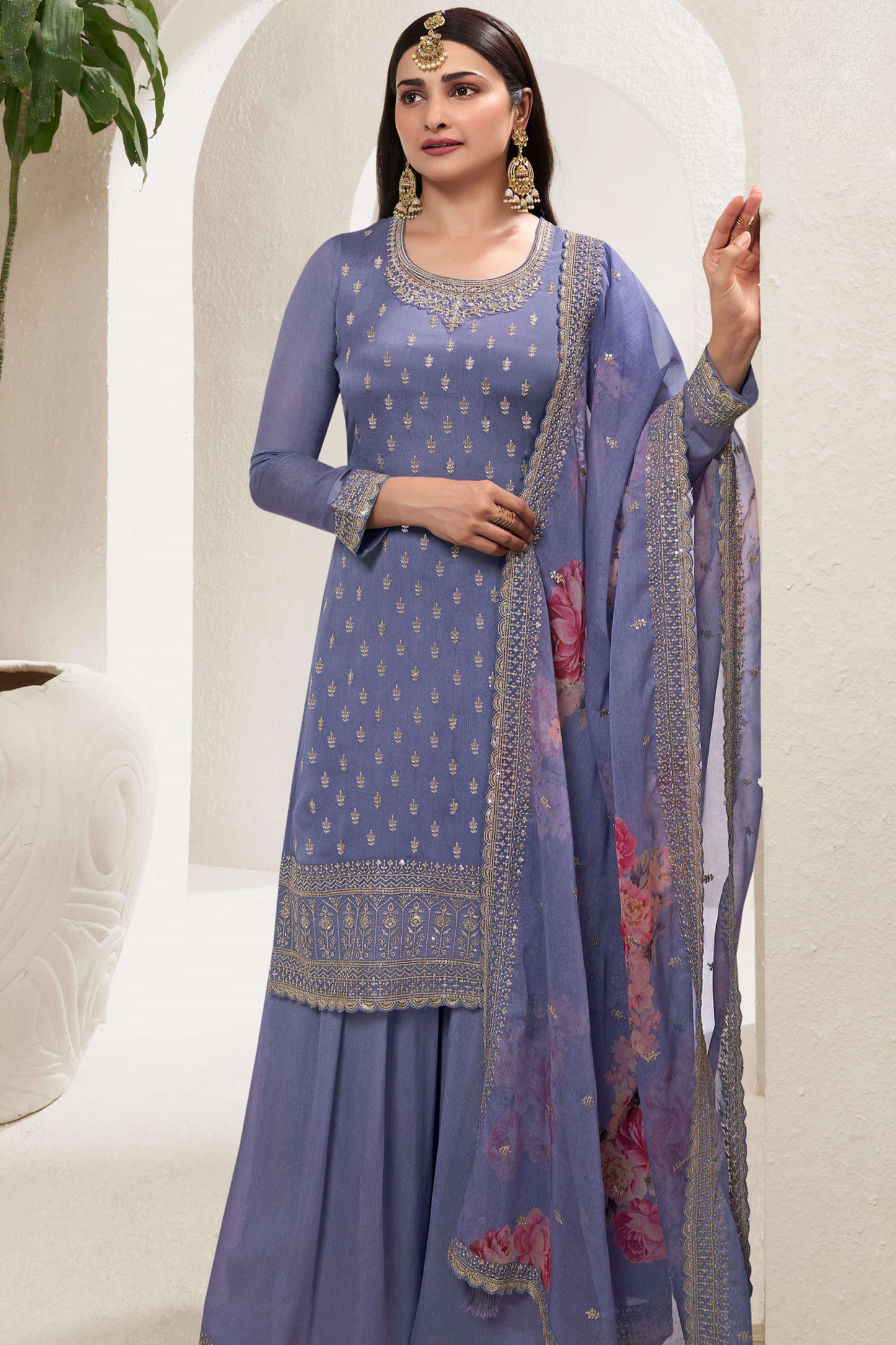 Embroidery Work & Print Work Chinon Silk Palazzo Suit For Party-Wedding