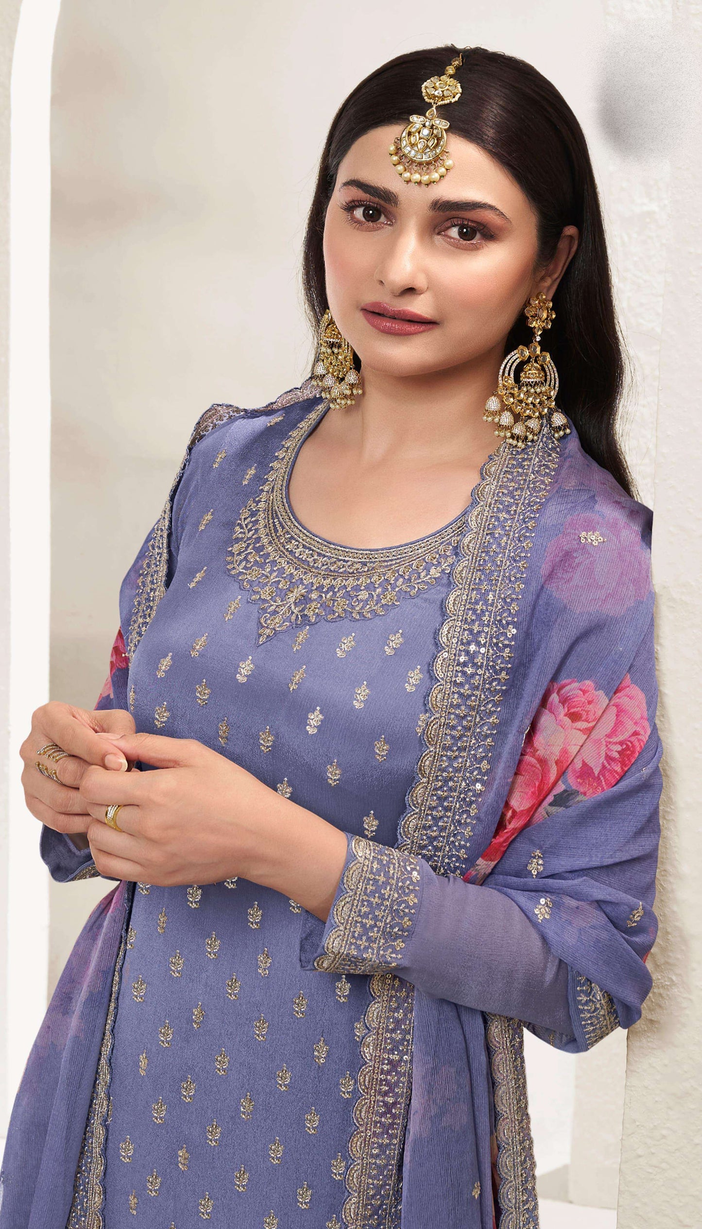 Embroidery Work & Print Work Chinon Silk Palazzo Suit For Party-Wedding