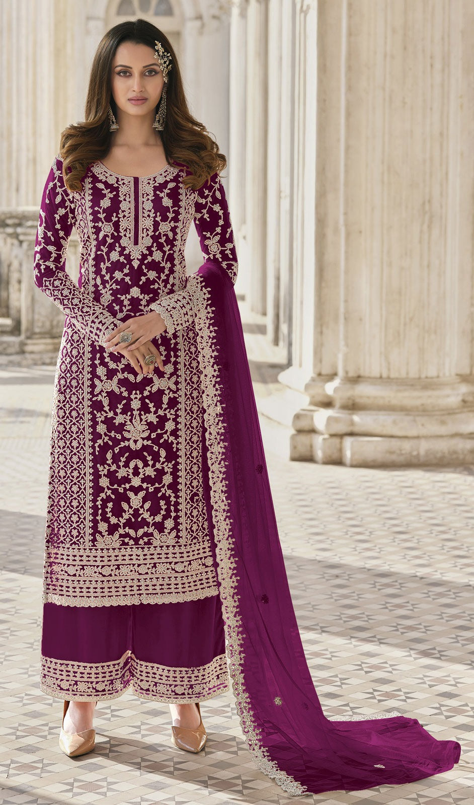 Newest Dark Purple Color Embroidery Work Bridal Look Salwar Kameez