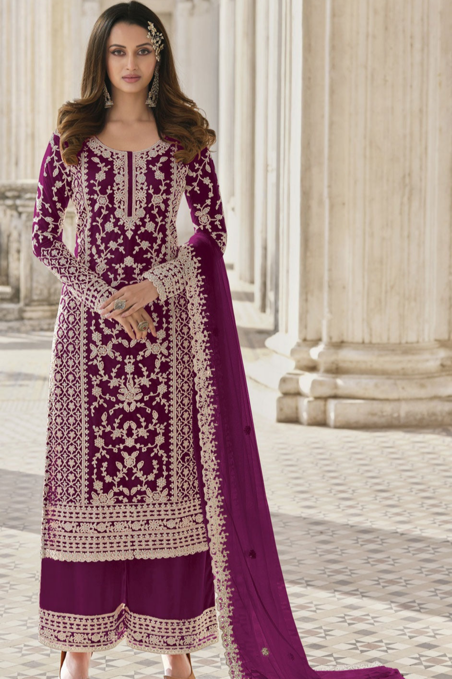 Newest Dark Purple Color Embroidery Work Bridal Look Salwar Kameez