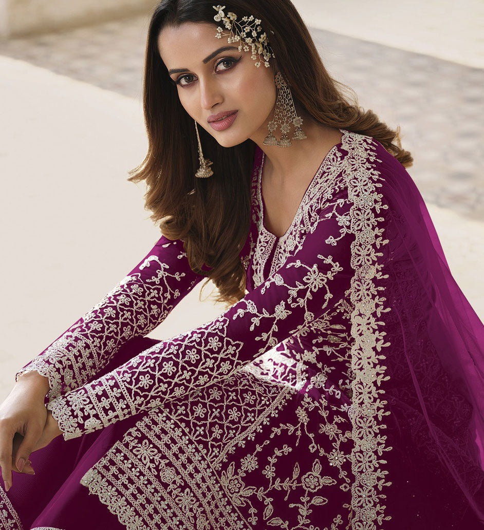 Newest Dark Purple Color Embroidery Work Bridal Look Salwar Kameez