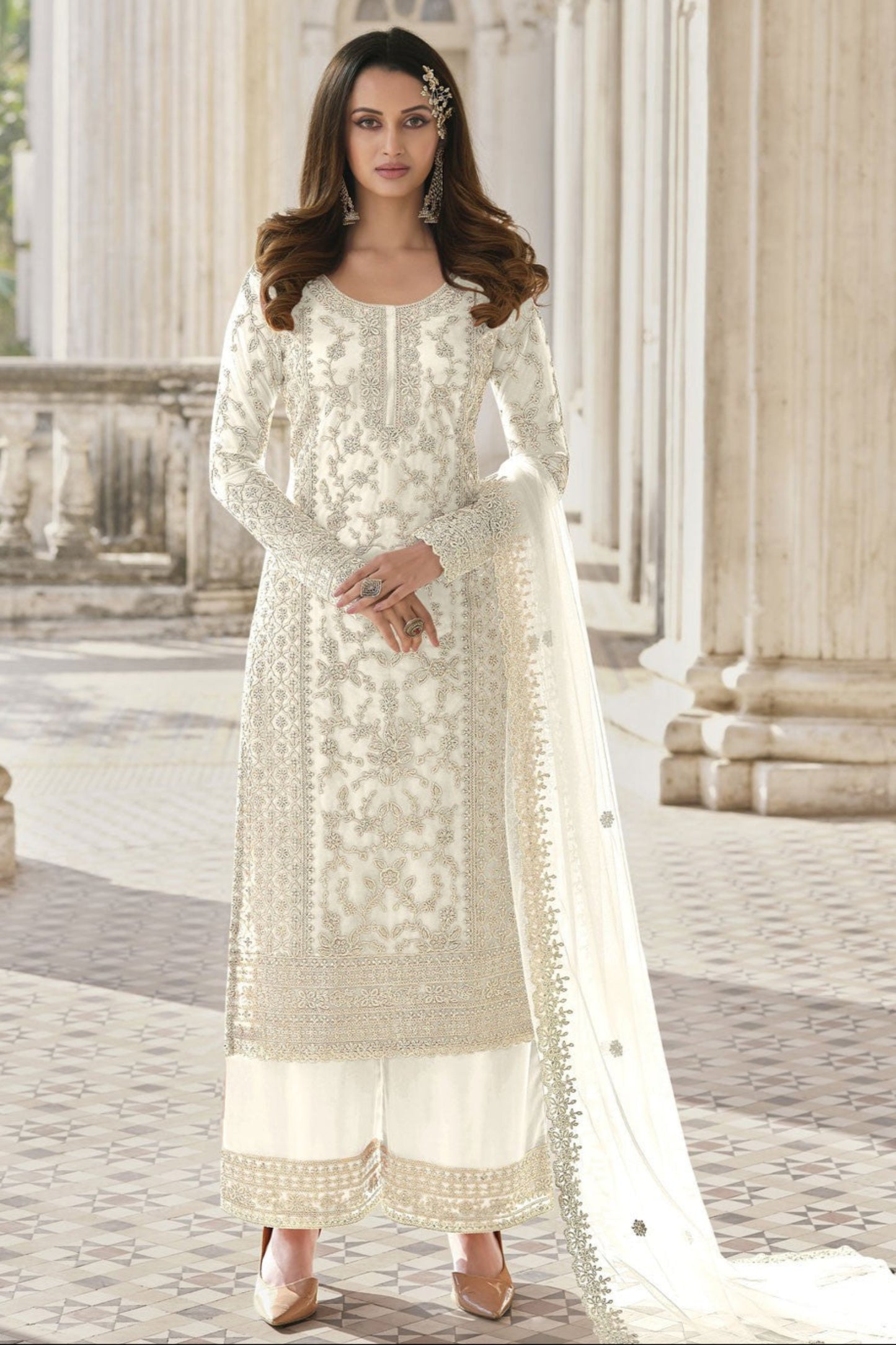 White Embroidered Bridal Look Salwar Kameez Dress with Net Dupatta