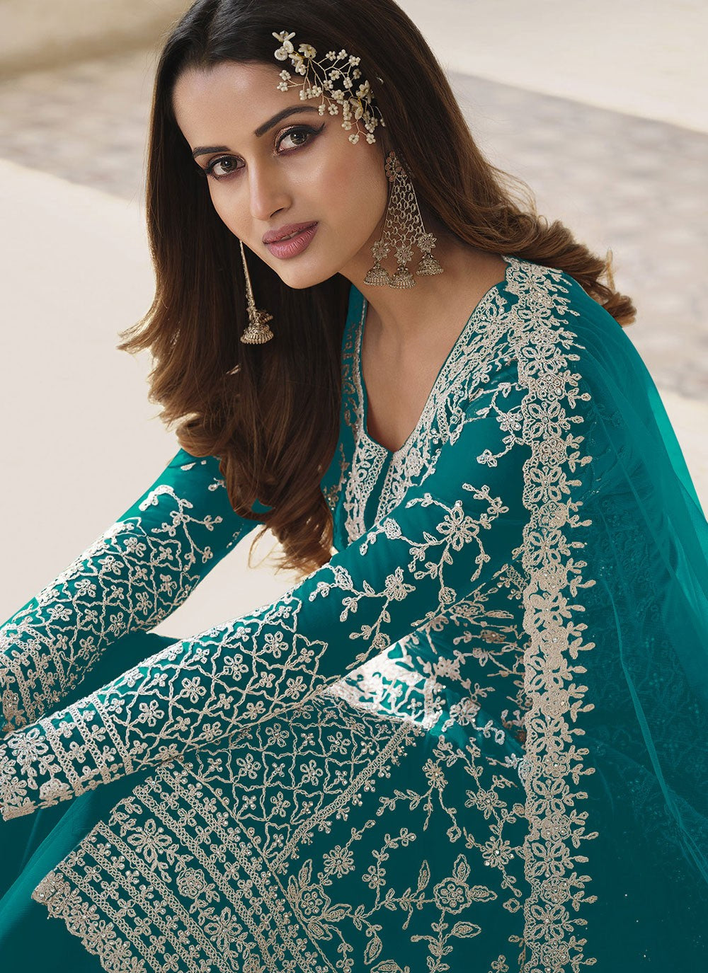 Newest Style Teal Heavy Embroidery Bridal Salwar Kameez With Dupatta