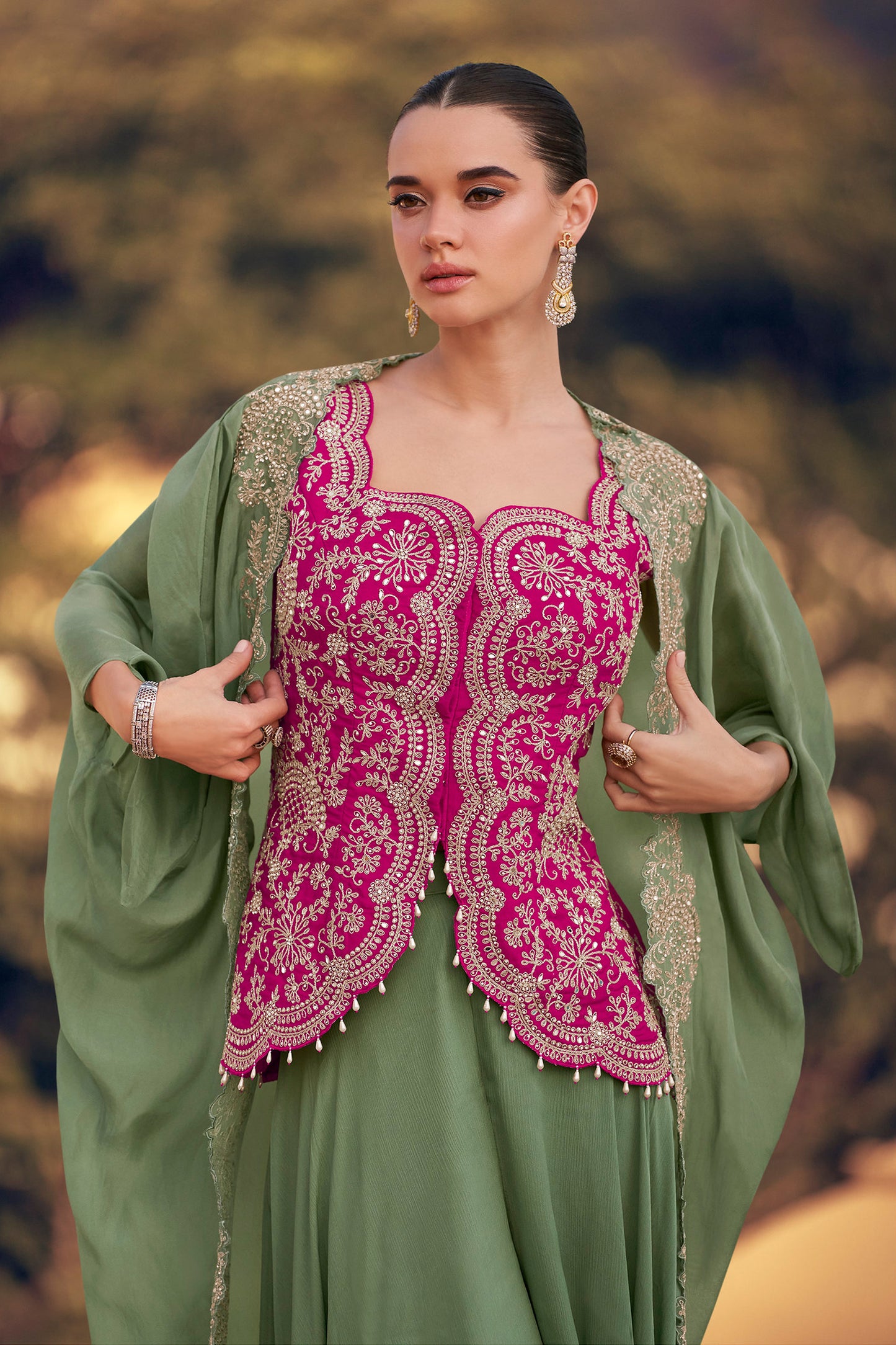 Stylish Designer Sage Green Western Wear Premium Silk Suit With Dupatta