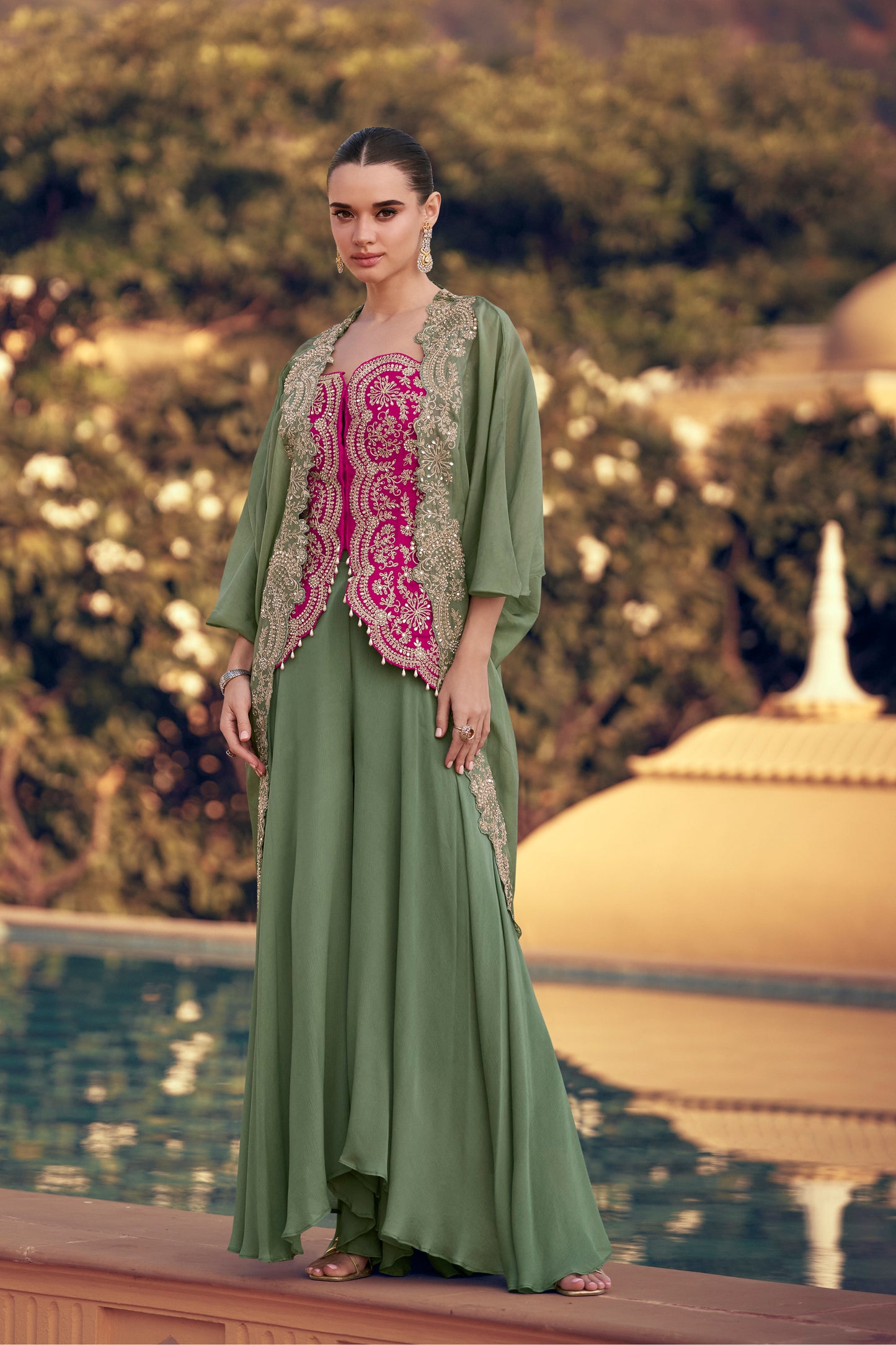Stylish Designer Sage Green Western Wear Premium Silk Suit With Dupatta