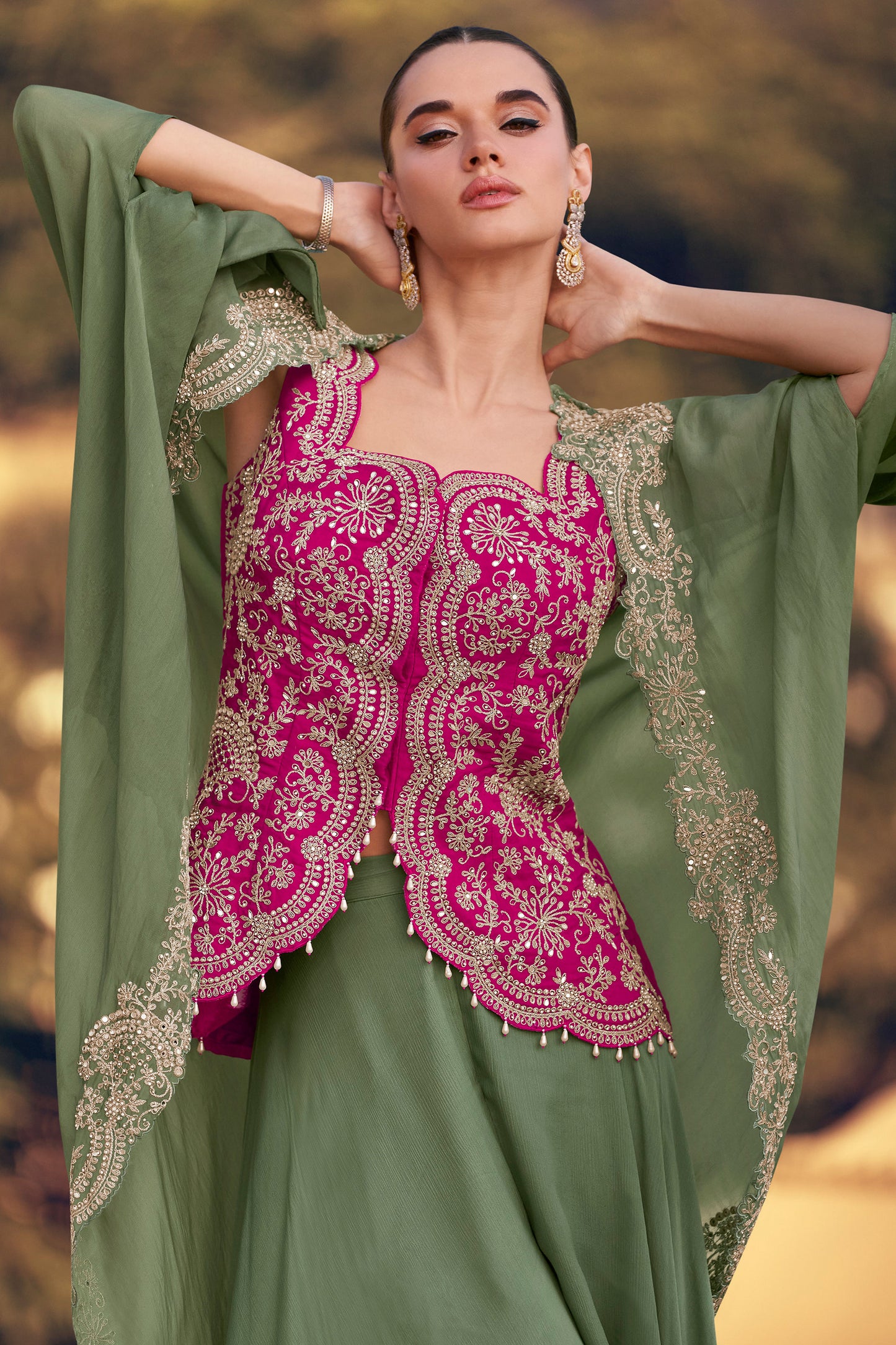 Stylish Designer Sage Green Western Wear Premium Silk Suit With Dupatta