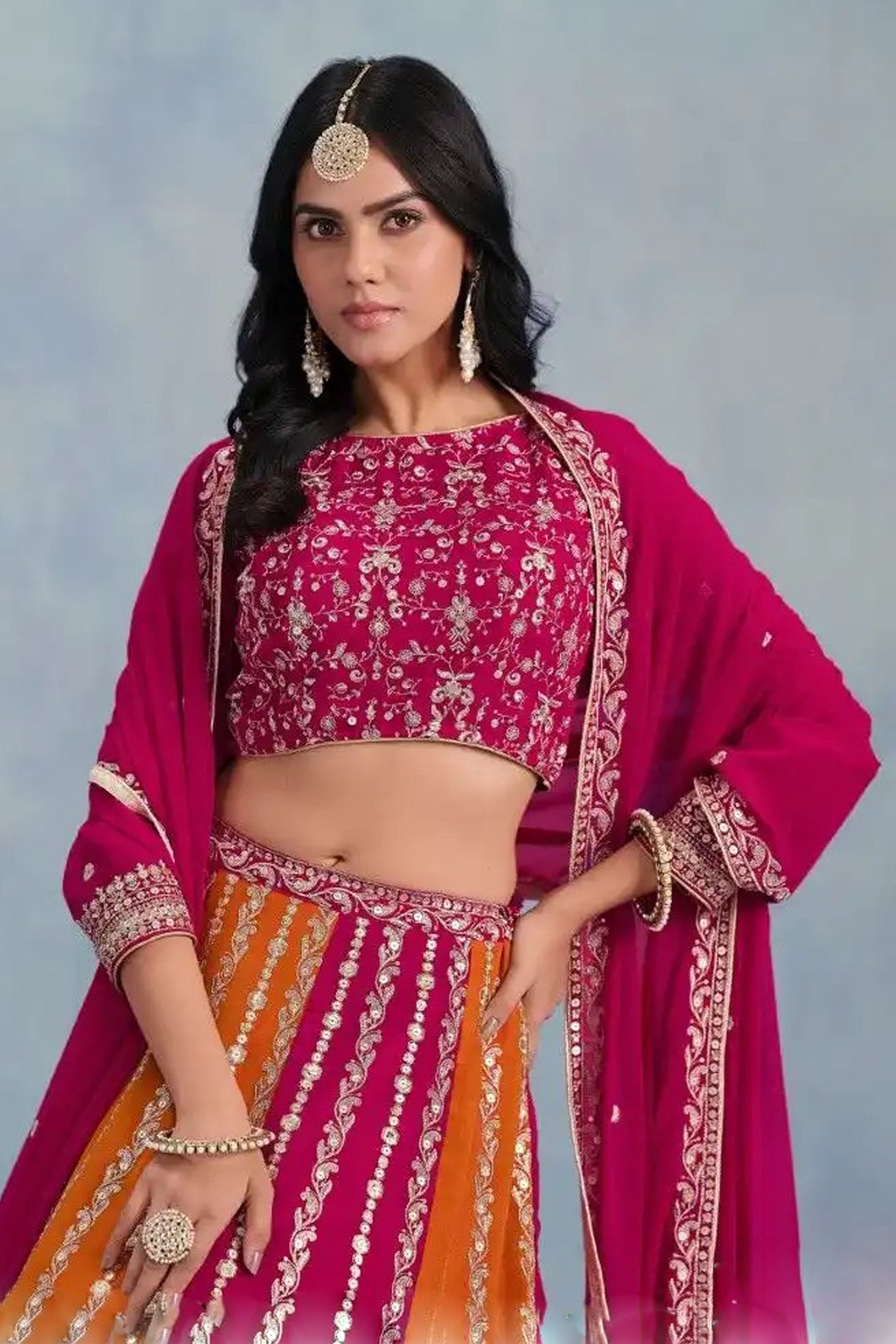 Pink Color Heavy Embroidery Worked Georgette Lehenga Choli With Dupatta.