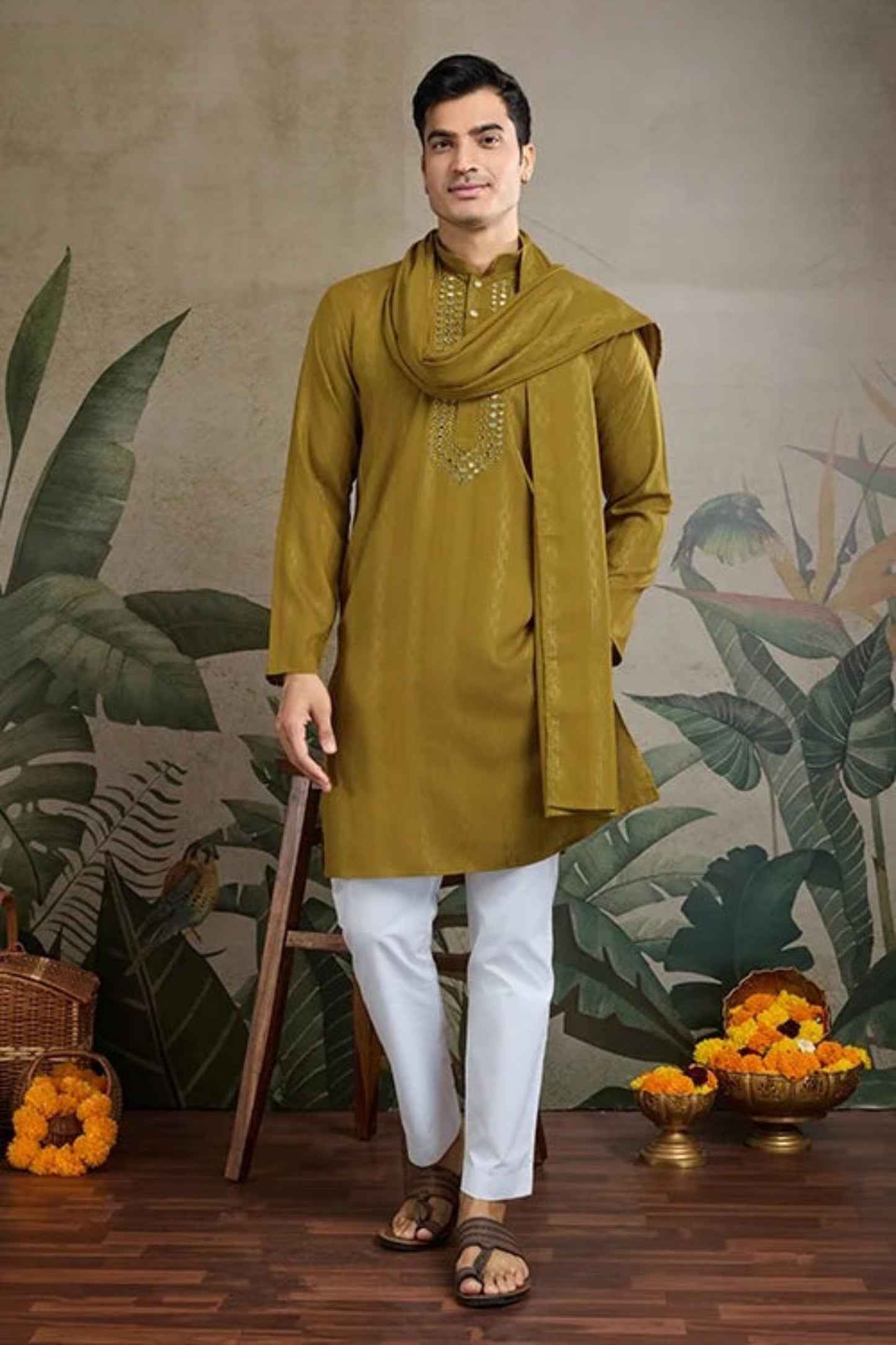 Premium Olive Gold Color Viscose Rayon Kurta Set For Man Real Mirror Work With Matching Pant