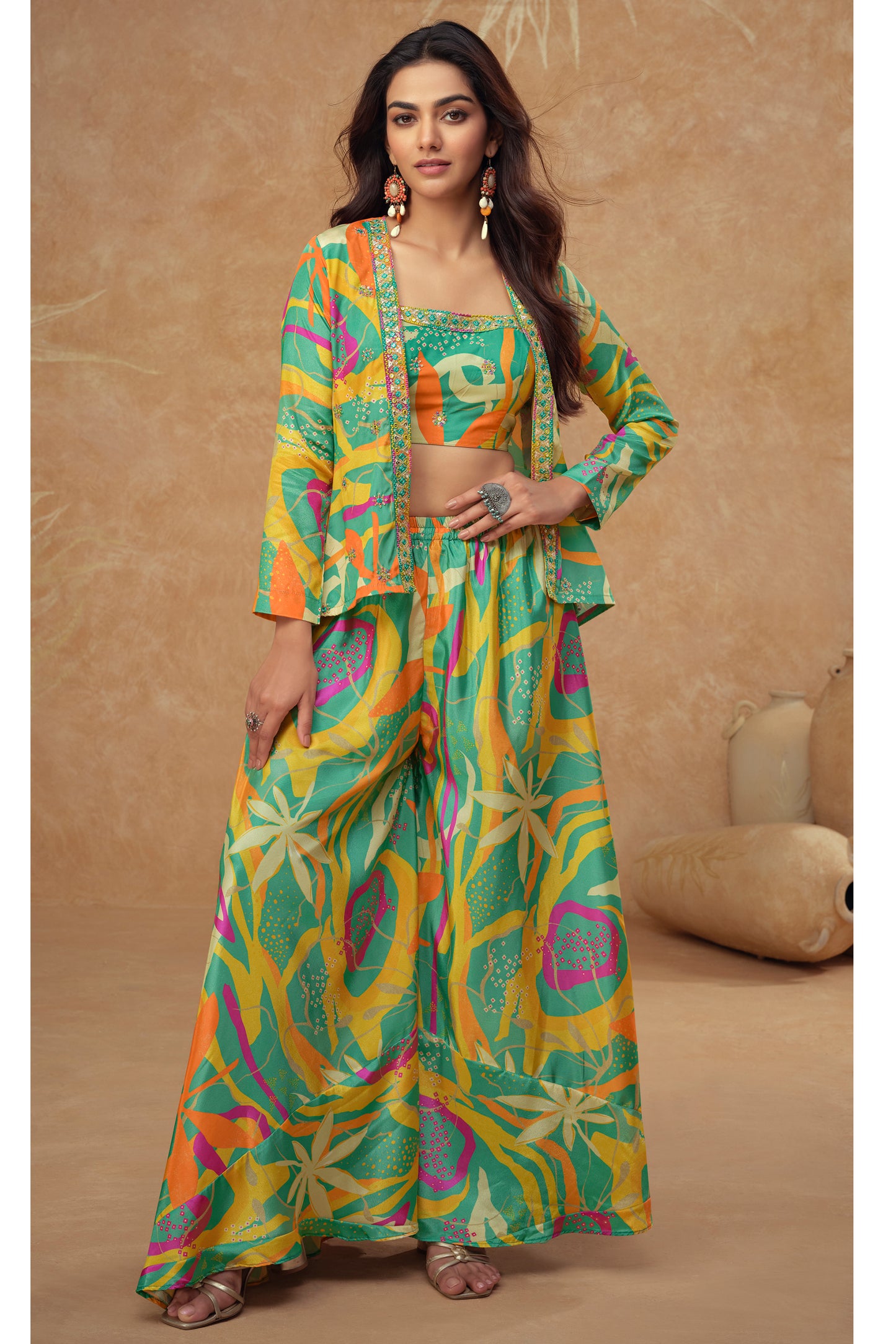 Elegant Party Wear – Real Chinon & Silk Shrug Palazzo Dress for Women