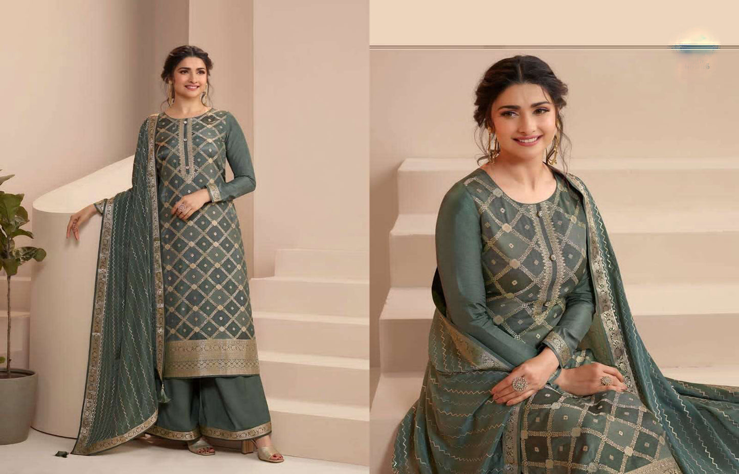 Grey salwar kameez looks simple and stylish. Metallic accents make it modern.