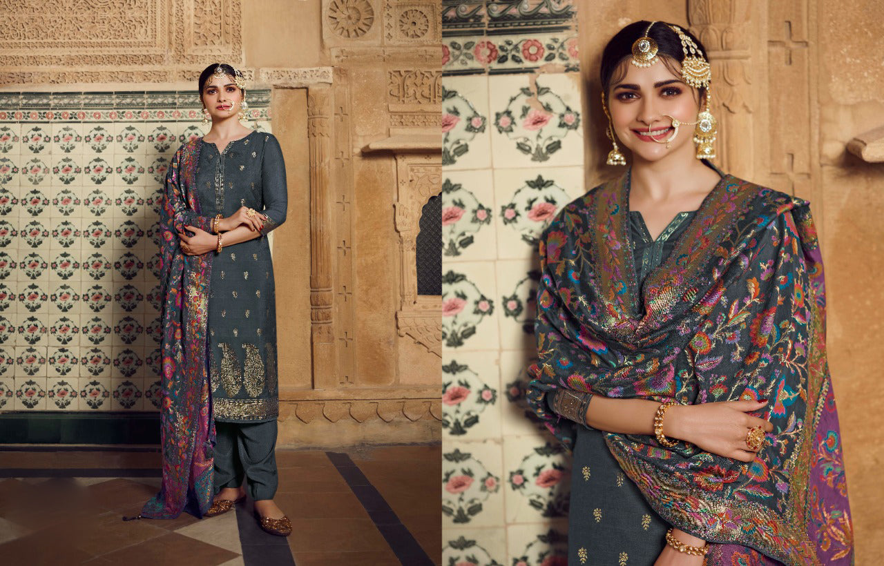 Grey salwar kameez looks simple and stylish. Metallic accents make it modern.