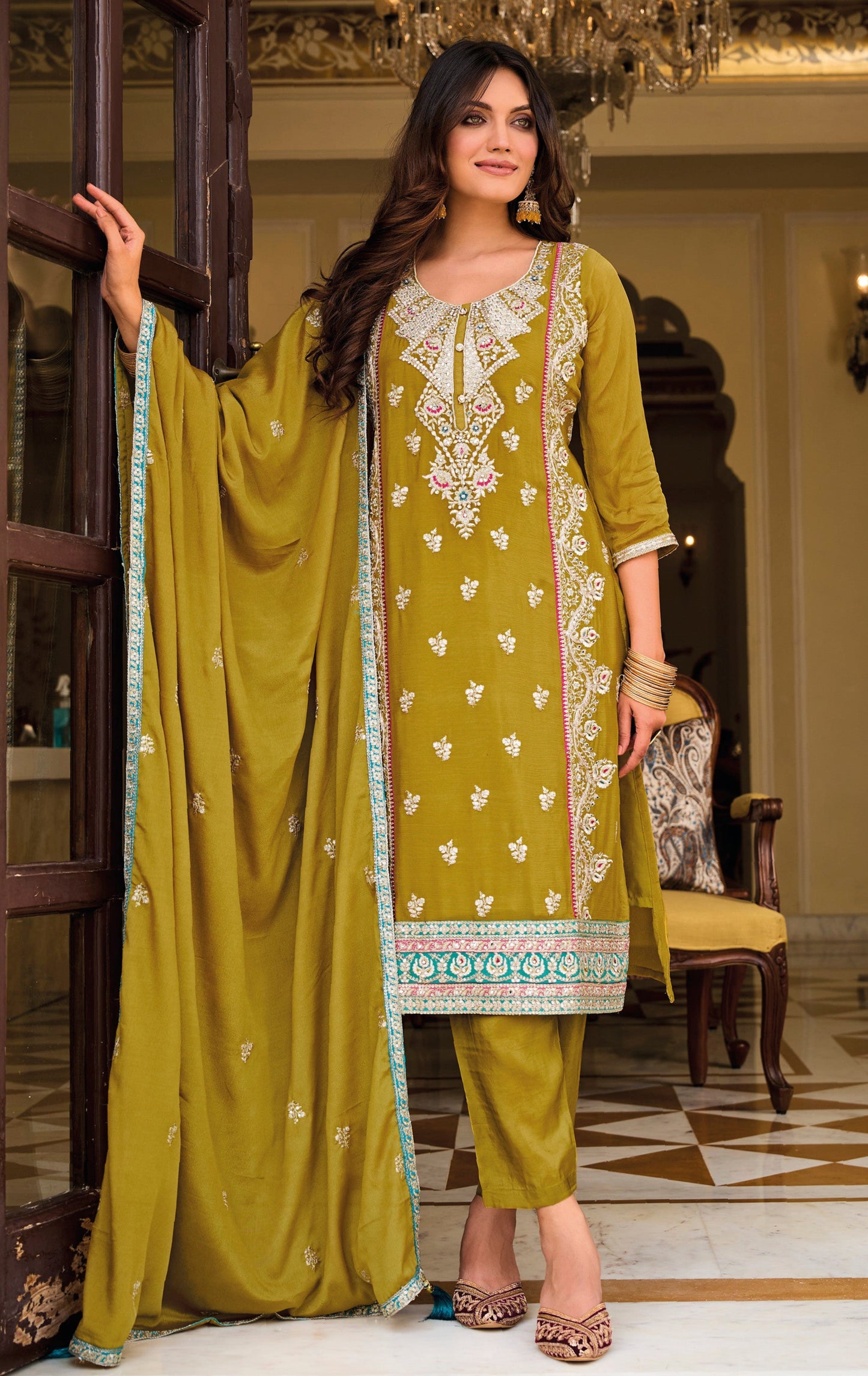 Yellow salwar kameez is bright and happy. Good for haldi or sunny events.