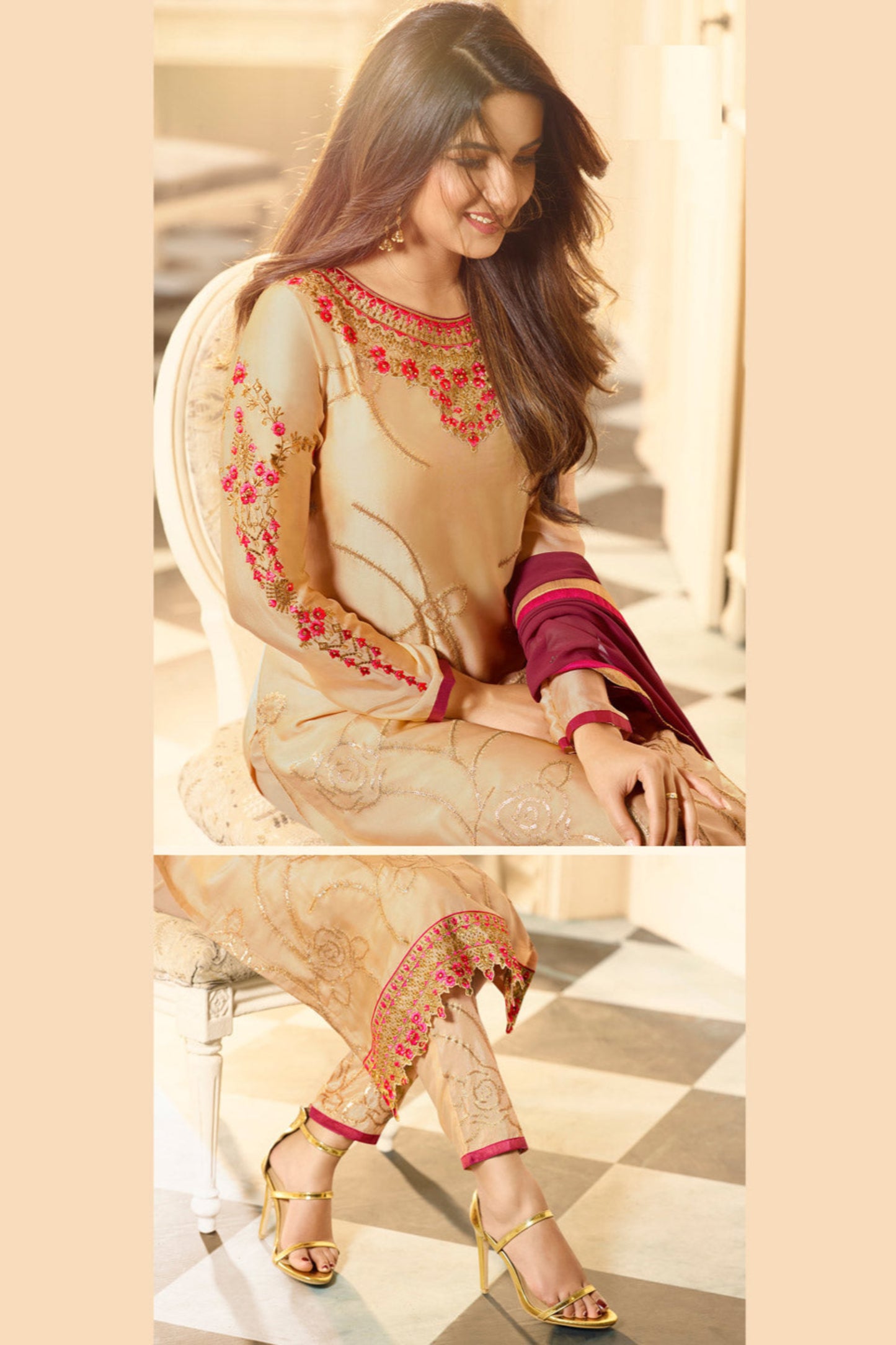 Gold salwar kameez looks royal and festive. Great for parties and celebrations.