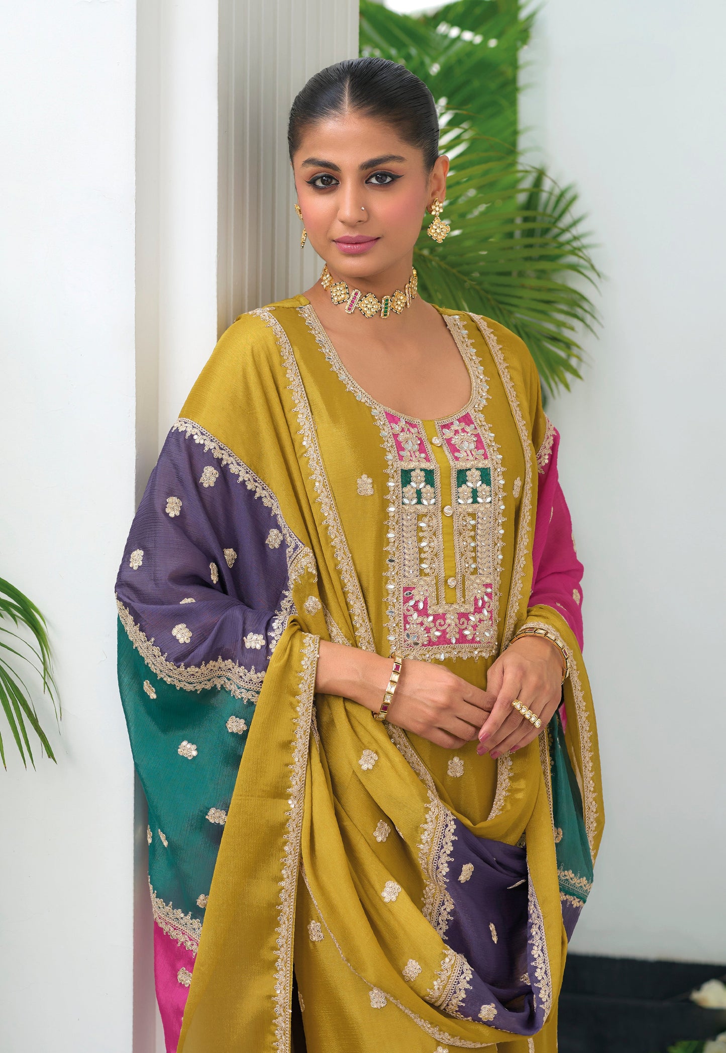 Yellow salwar kameez is bright and happy. Good for haldi or sunny events.