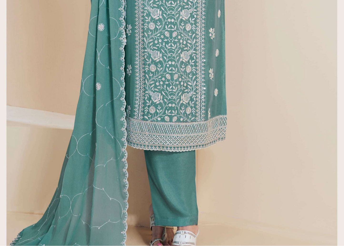 Beautiful teal blue Chinon embroidered salwar kameez with dupatta
