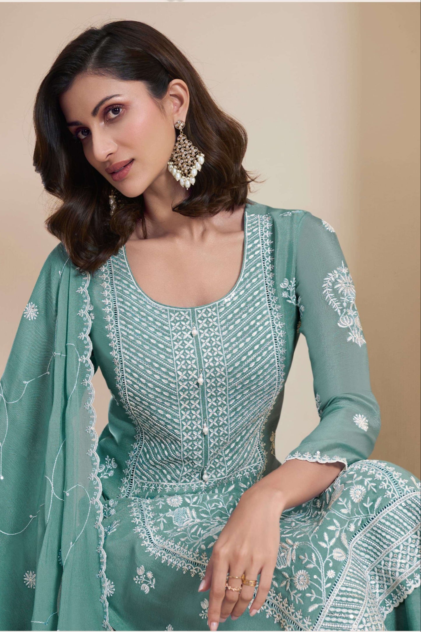 Beautiful teal blue Chinon embroidered salwar kameez with dupatta